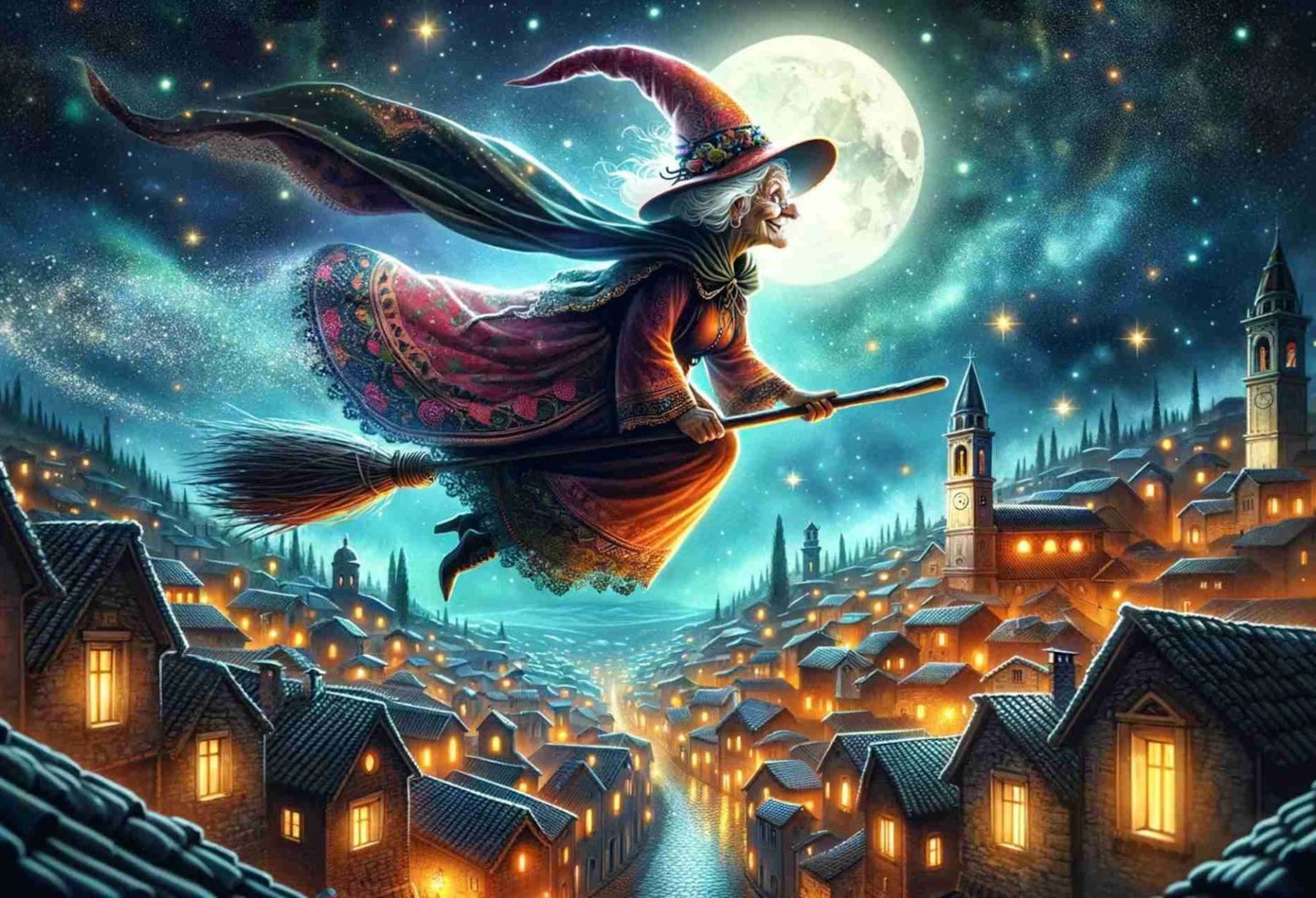 La Befana flies through the night sky