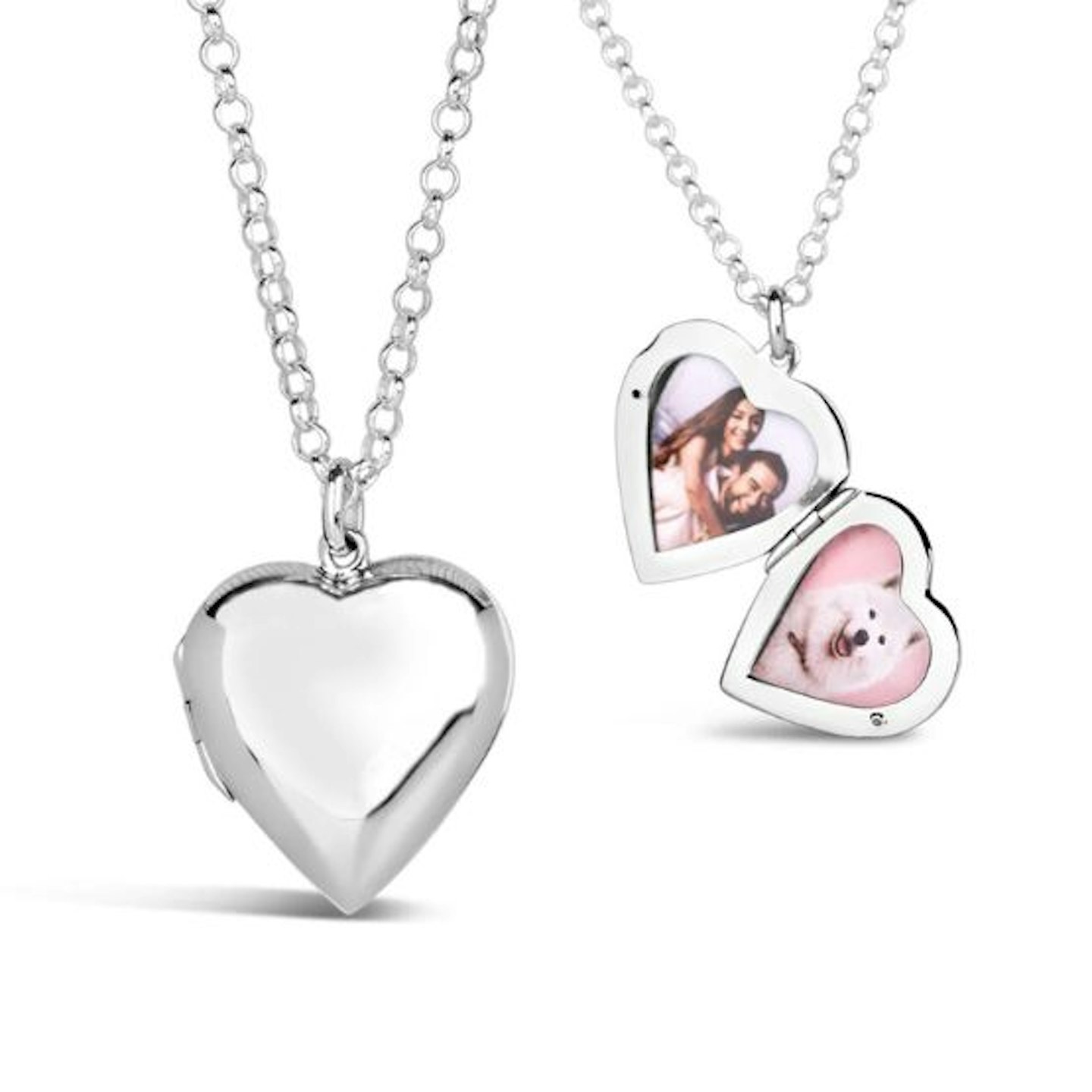 A silver heart shaped locket from Lily Blanche showing a photo of children and a dog