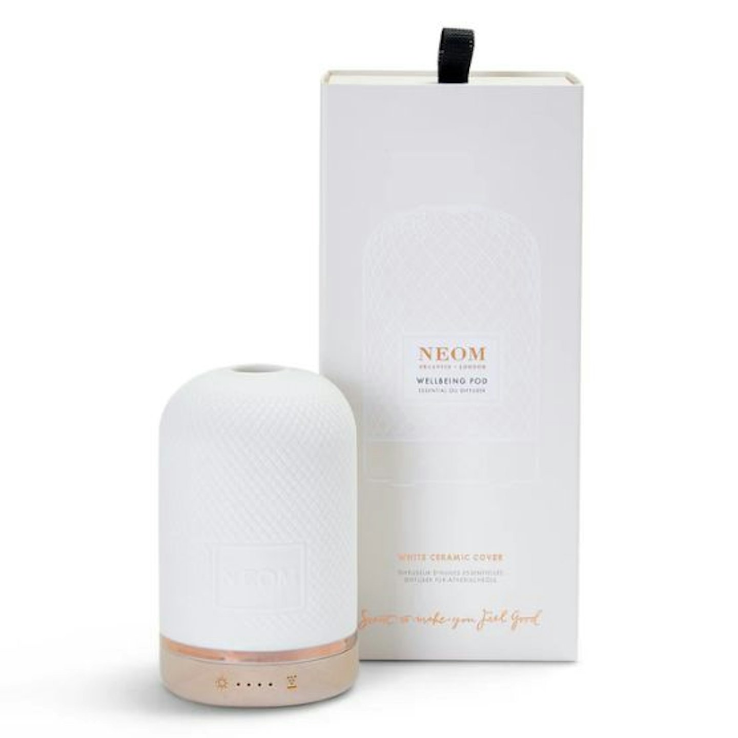 Neon Essential oil Wellbeing pod diffuser sitting next to its box