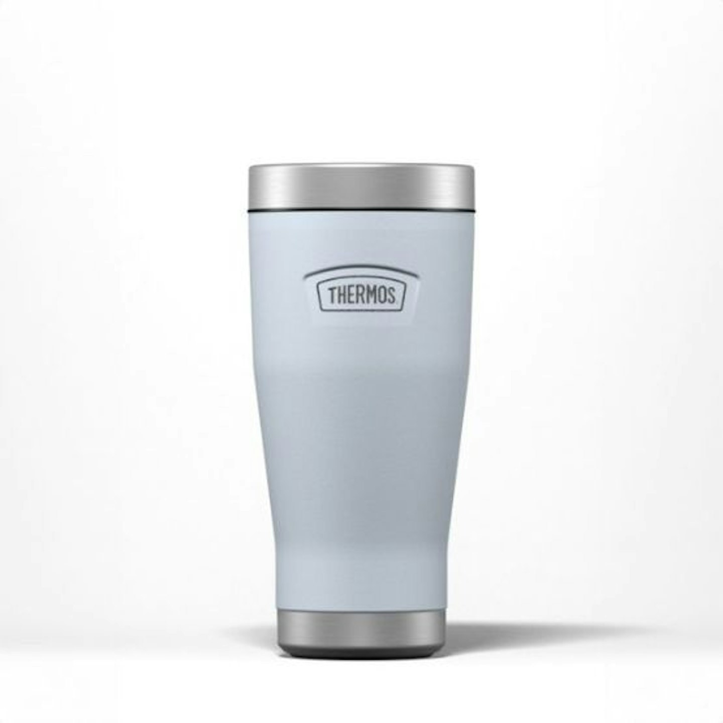 A blue thermos travel mug on a white background