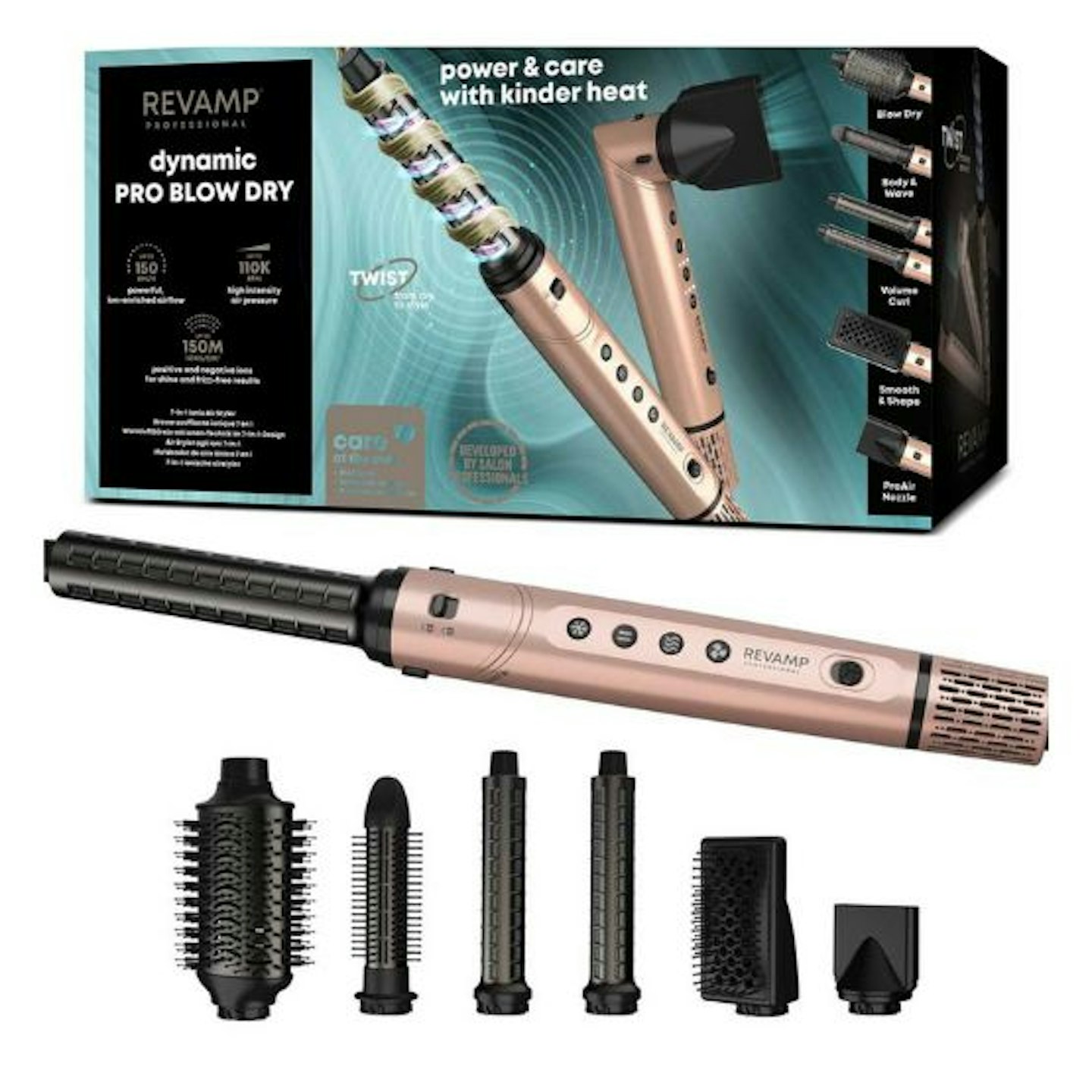 Revamp's hairstyle showing the wand and 6 different attachments 
