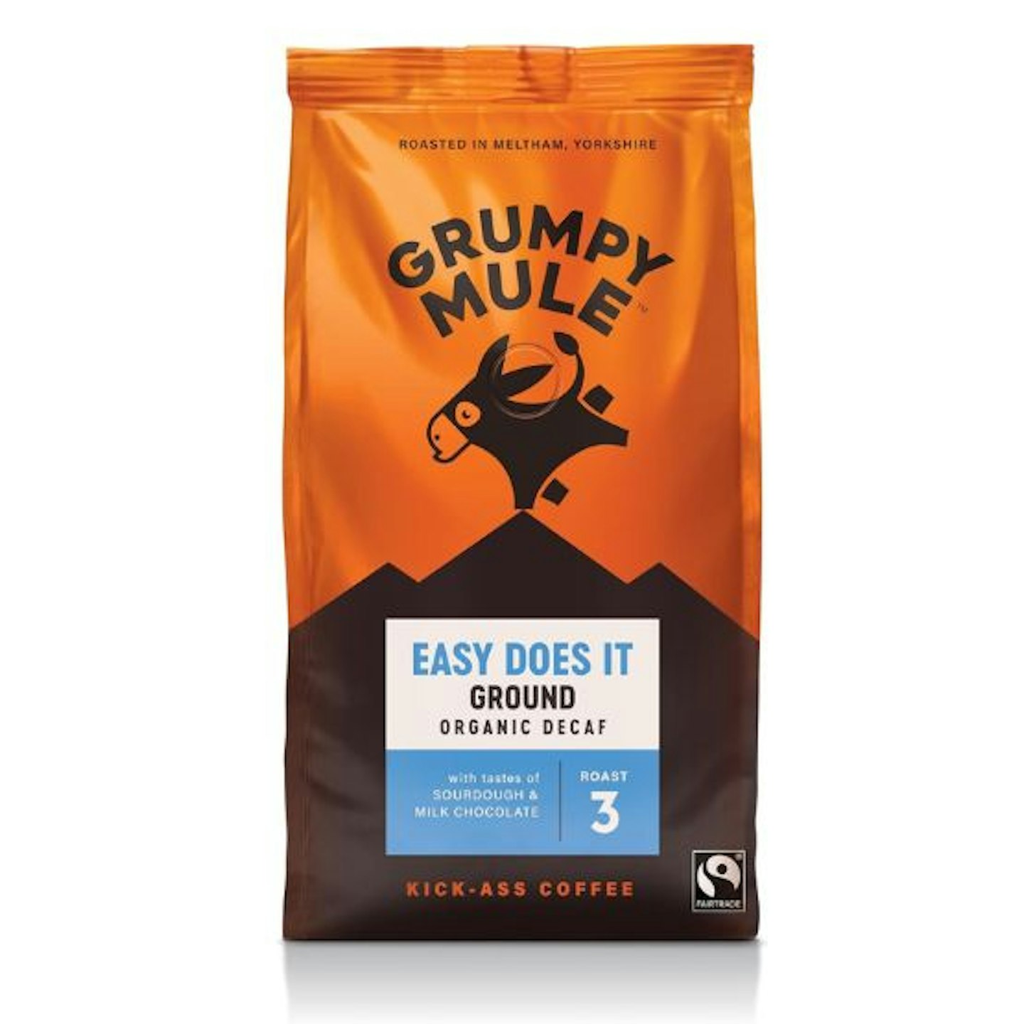 Grumpy Mule Easy Does It Swiss Water Organic (Decaf Ground Coffee) with notes of Milk Chocolate 200g - an orange and brown bag with a donkey on the front