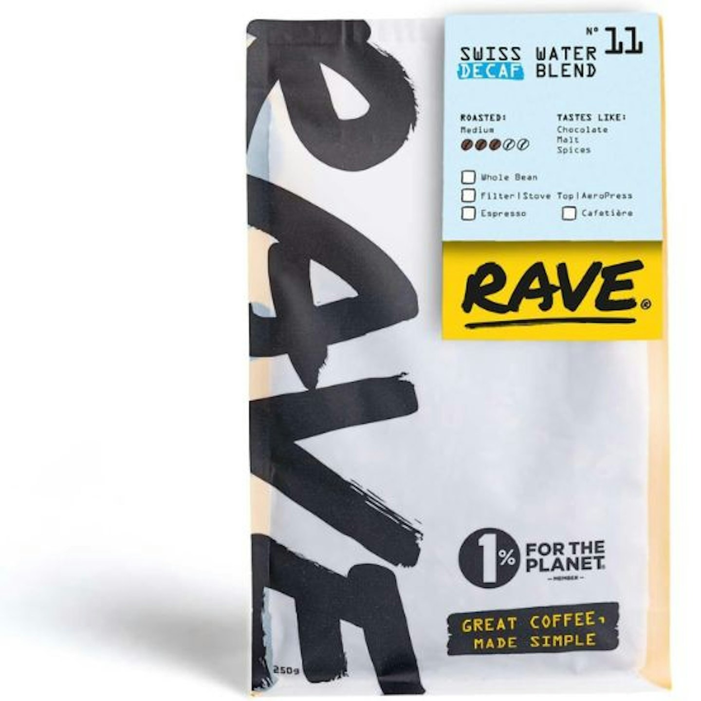 Rave Coffee - Swiss Water Decaf Blend Nº 11, Freshly Roasted Whole Beans 250g