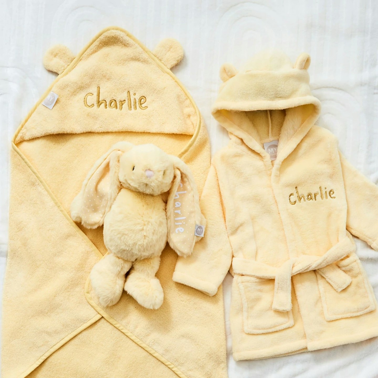 Personalised Sunshine Yellow Splash, Snuggle & Cuddle Gift Set