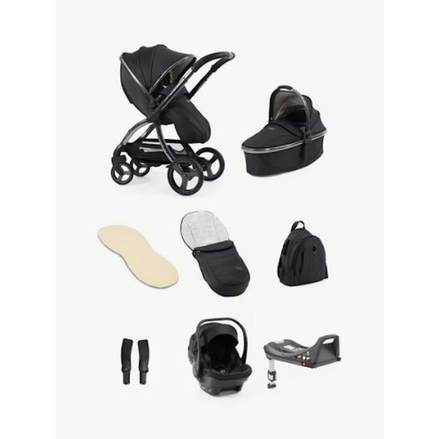 Egg3 Pushchair, Carrycot & Accessories with Egg Shell Car Seat and Base Luxury Bundle