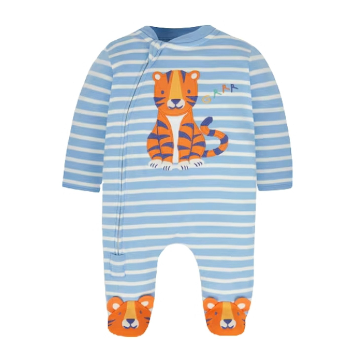 Blue Tiger Appliqué Zip Cotton Baby Sleepsuit