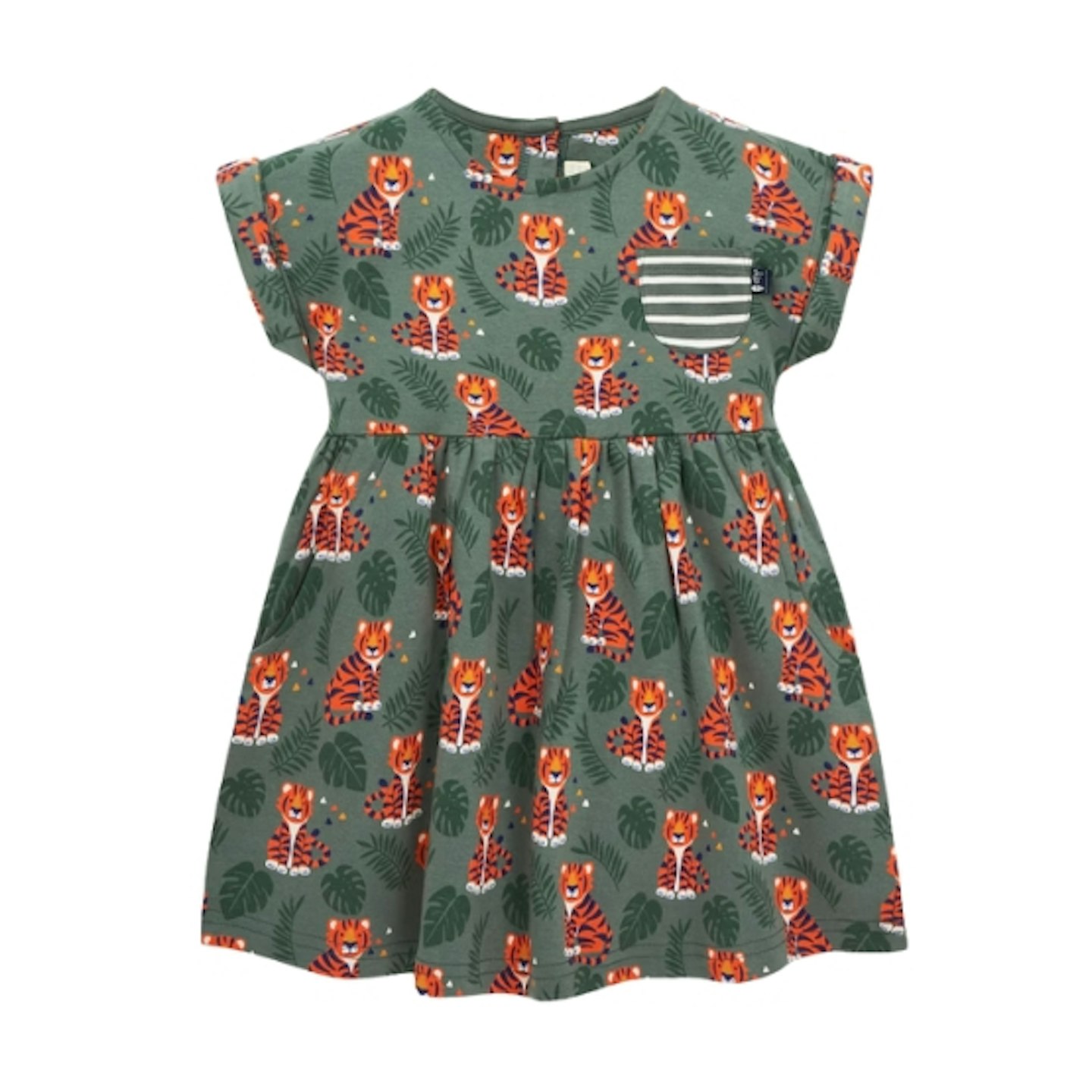 Khaki Girls Print Dress with Pockets