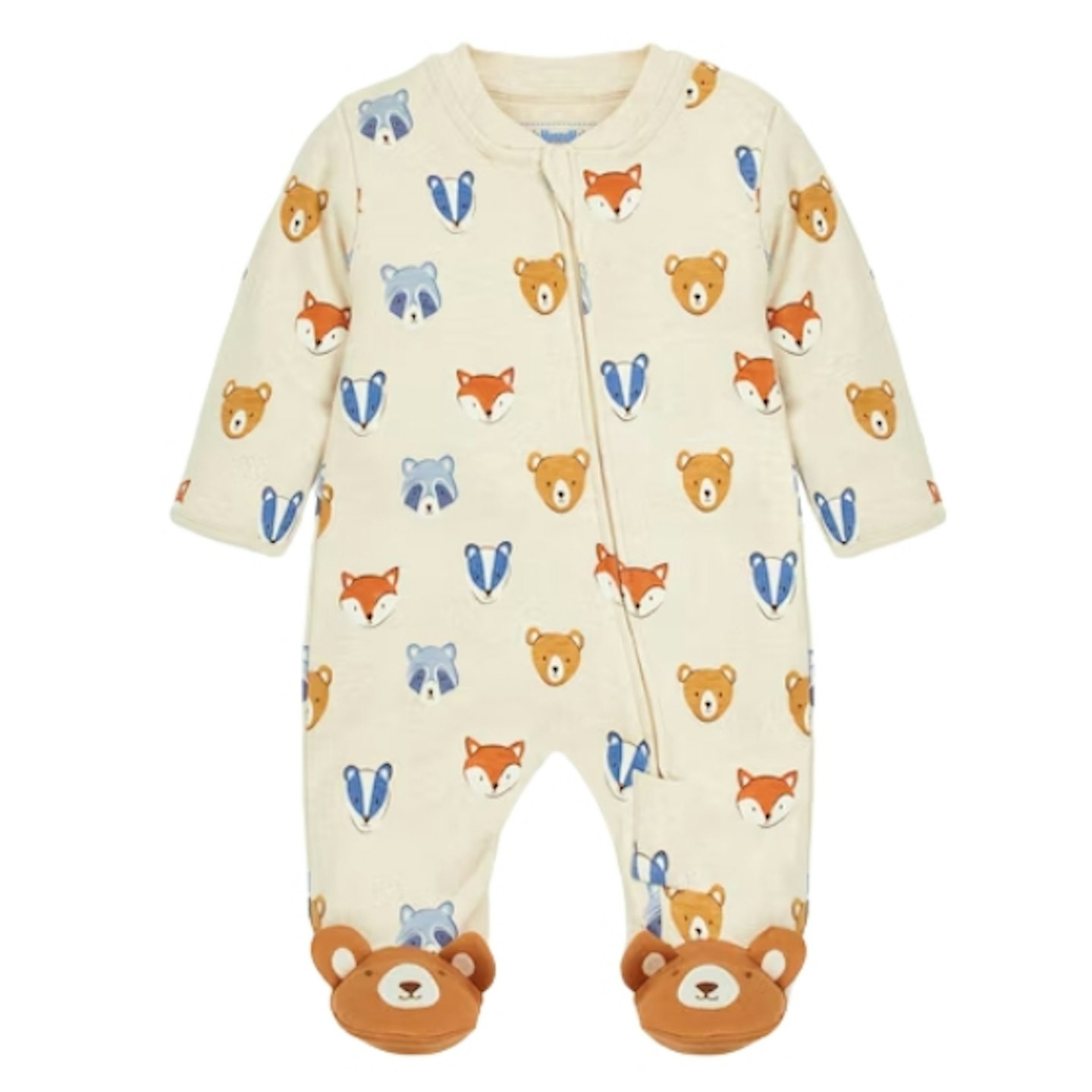 Natural Woodland Print Zip Cotton Baby Sleepsuit