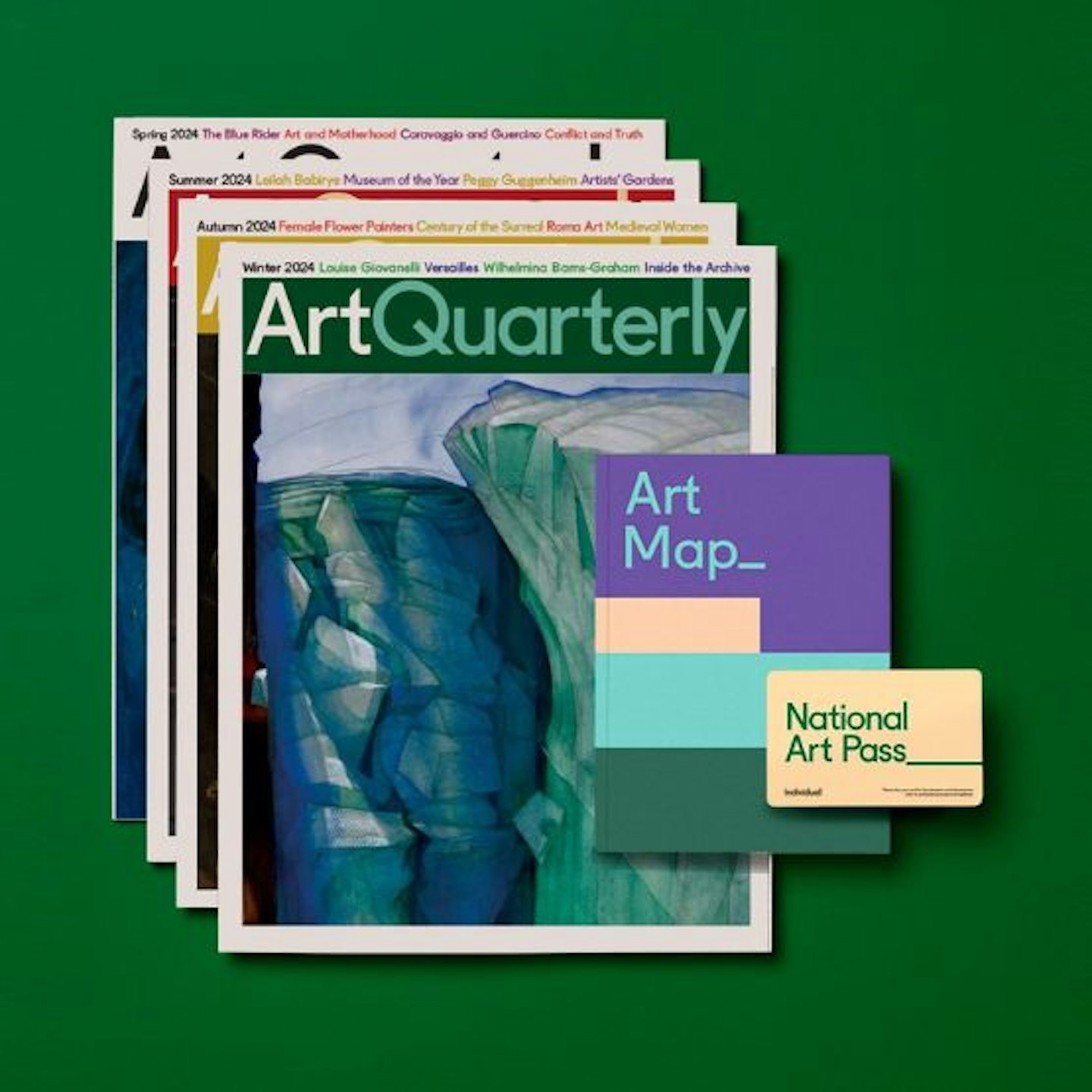 National Art Pass card on the guide, with four Art Quarterly magazines laid out underneath