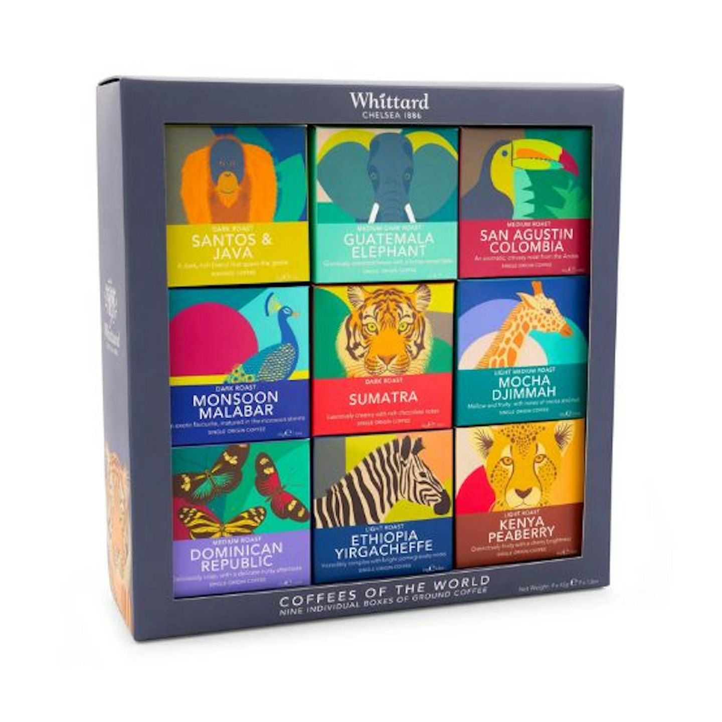A box of 9 coffee boxes making up the Coffees of the World Gift Set from Whittard. Each of the boxes features a colourful image of an animal from that country