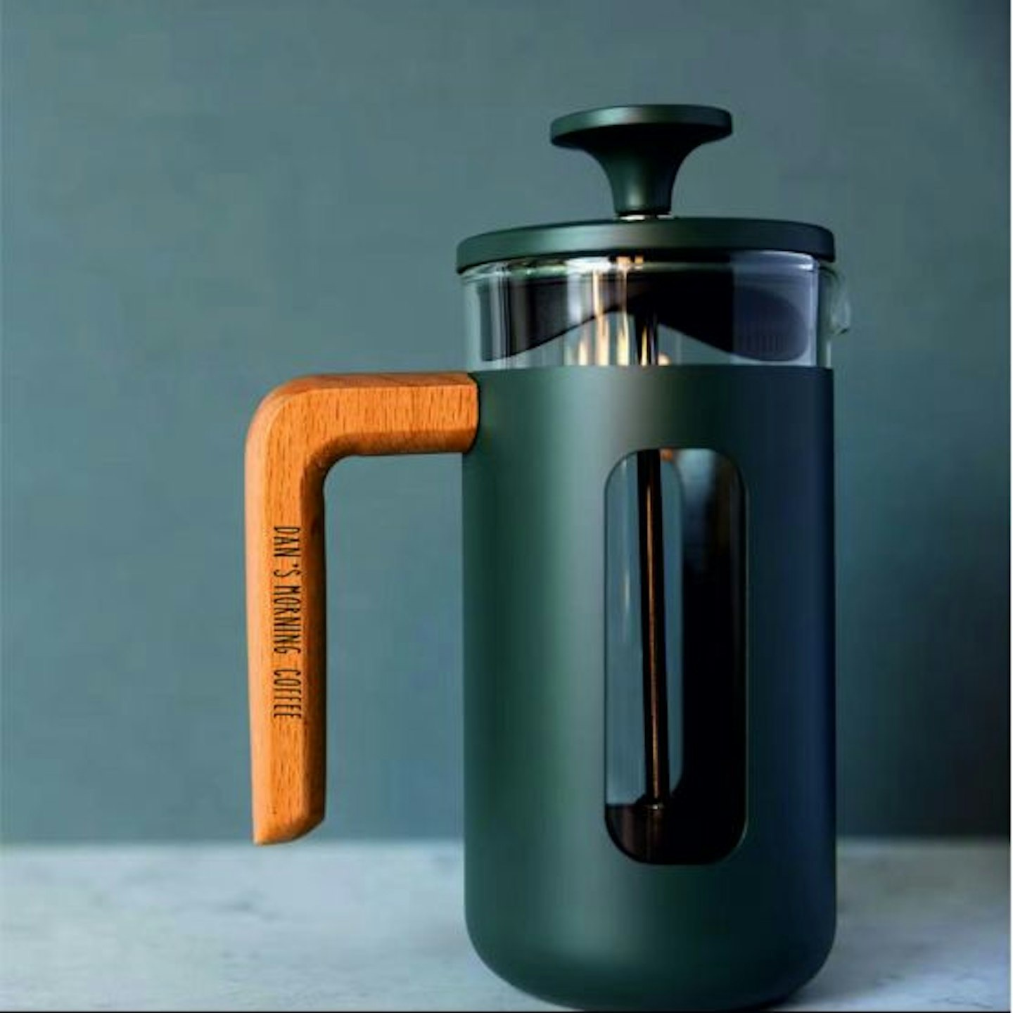 Personalised Wood Handle Cafetiere in dark green with 'Dan's morning Coffee' engraved on the handle