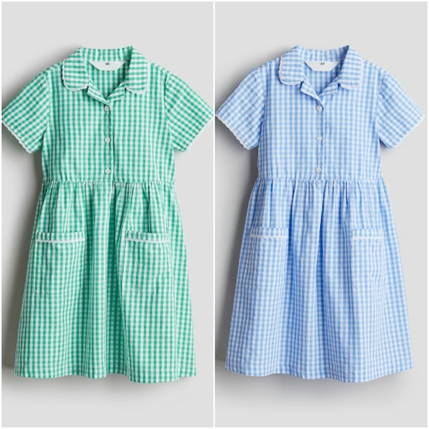 A collage of images showing blue and green gingham school summer dress from H&M