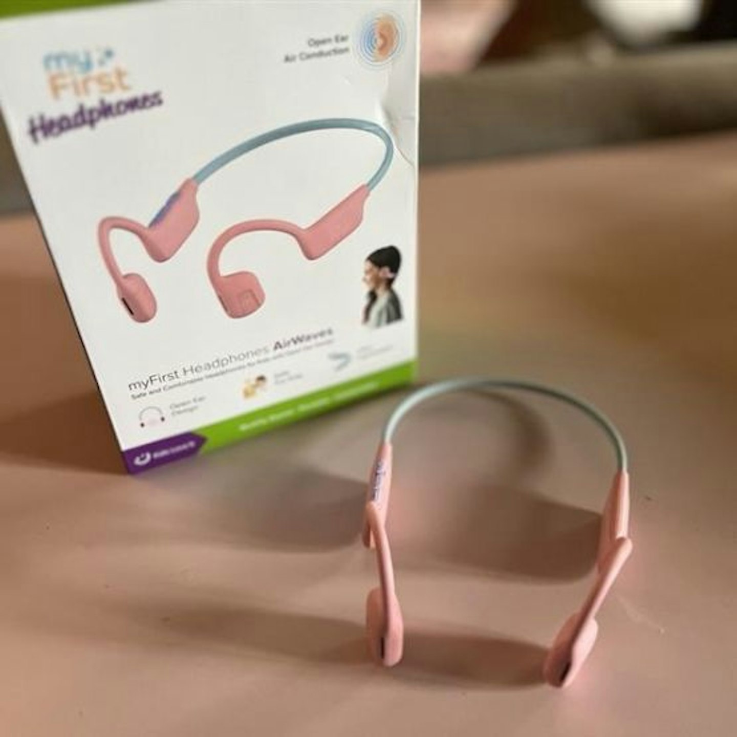 My First Headphones in pink with the box behind