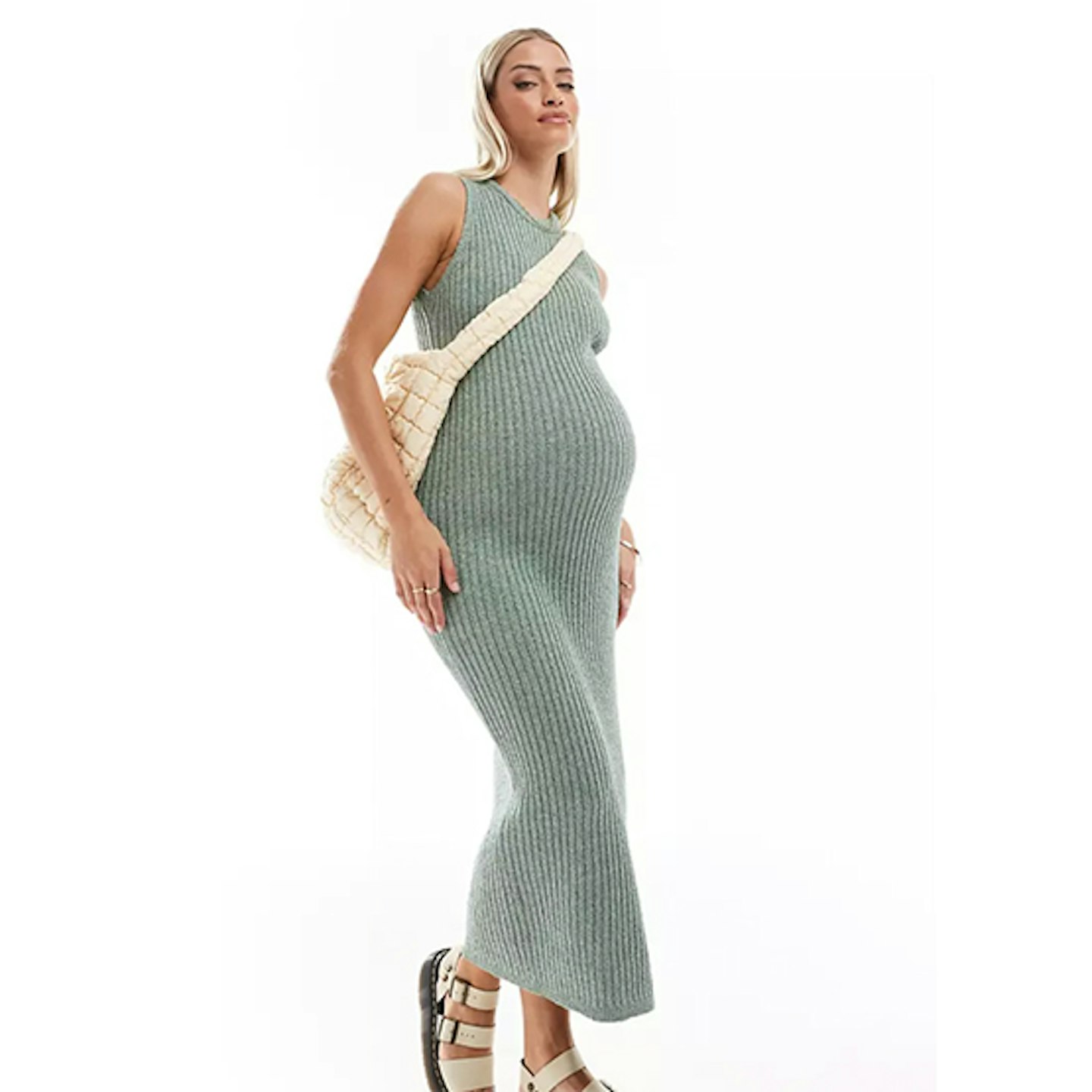 ASOS DESIGN Maternity knitted midaxi column dress in textured boucle yarn in khaki