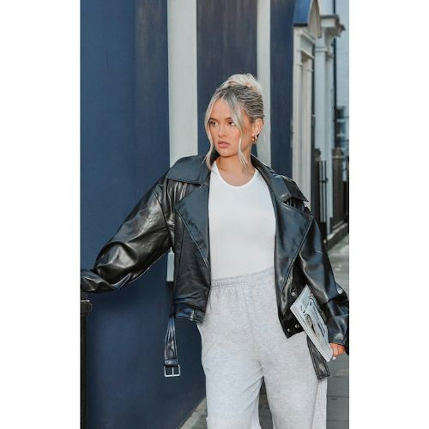 Black Faux Leather Relaxed Fit Belted Biker Jacket
