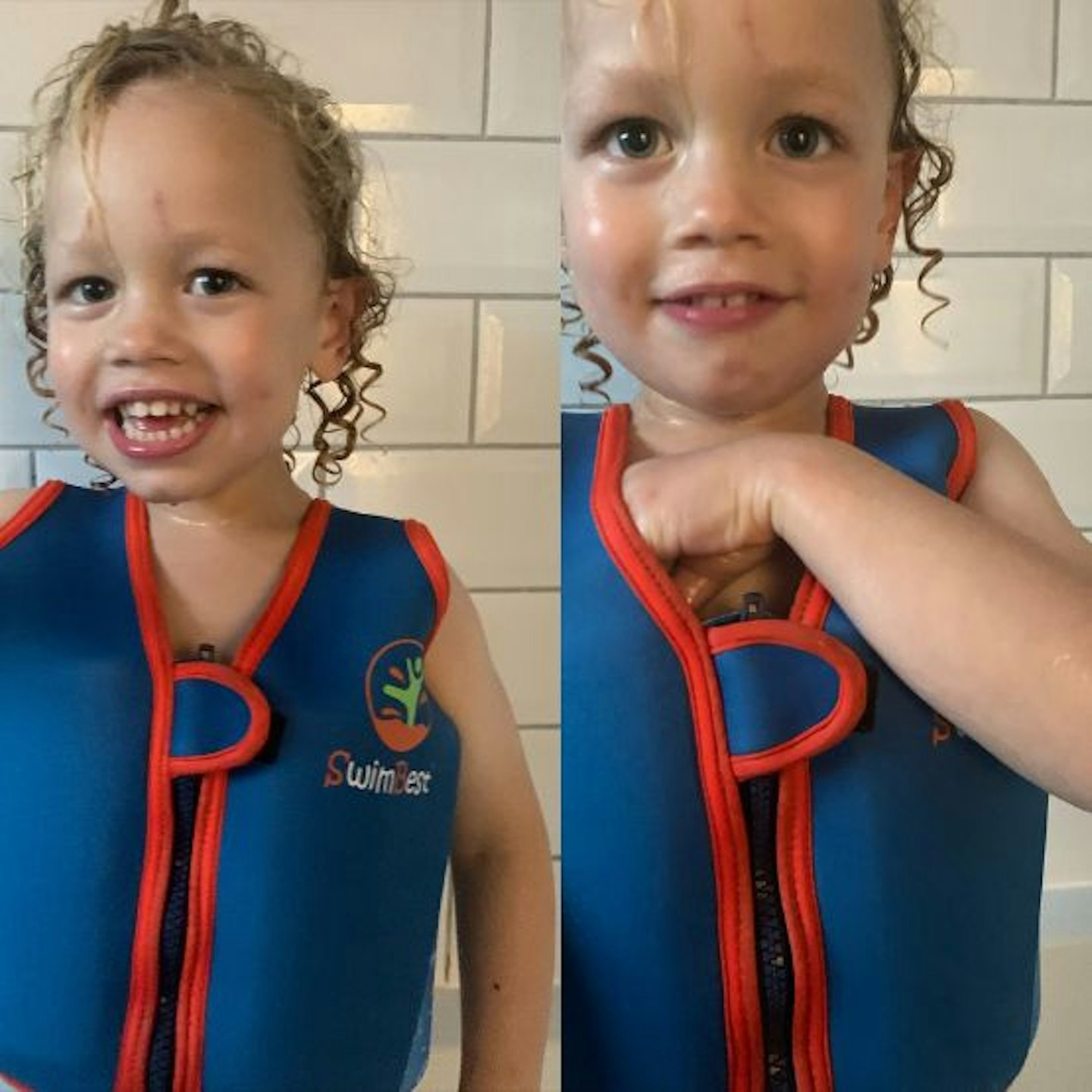 A split image of a boy testing the Swim Best Swim vest in red and blue