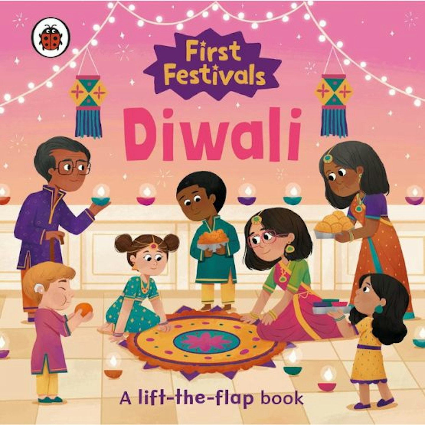 A front cover image of First Festivals:Diwali book for kids showing a family around a Rangoli pattern