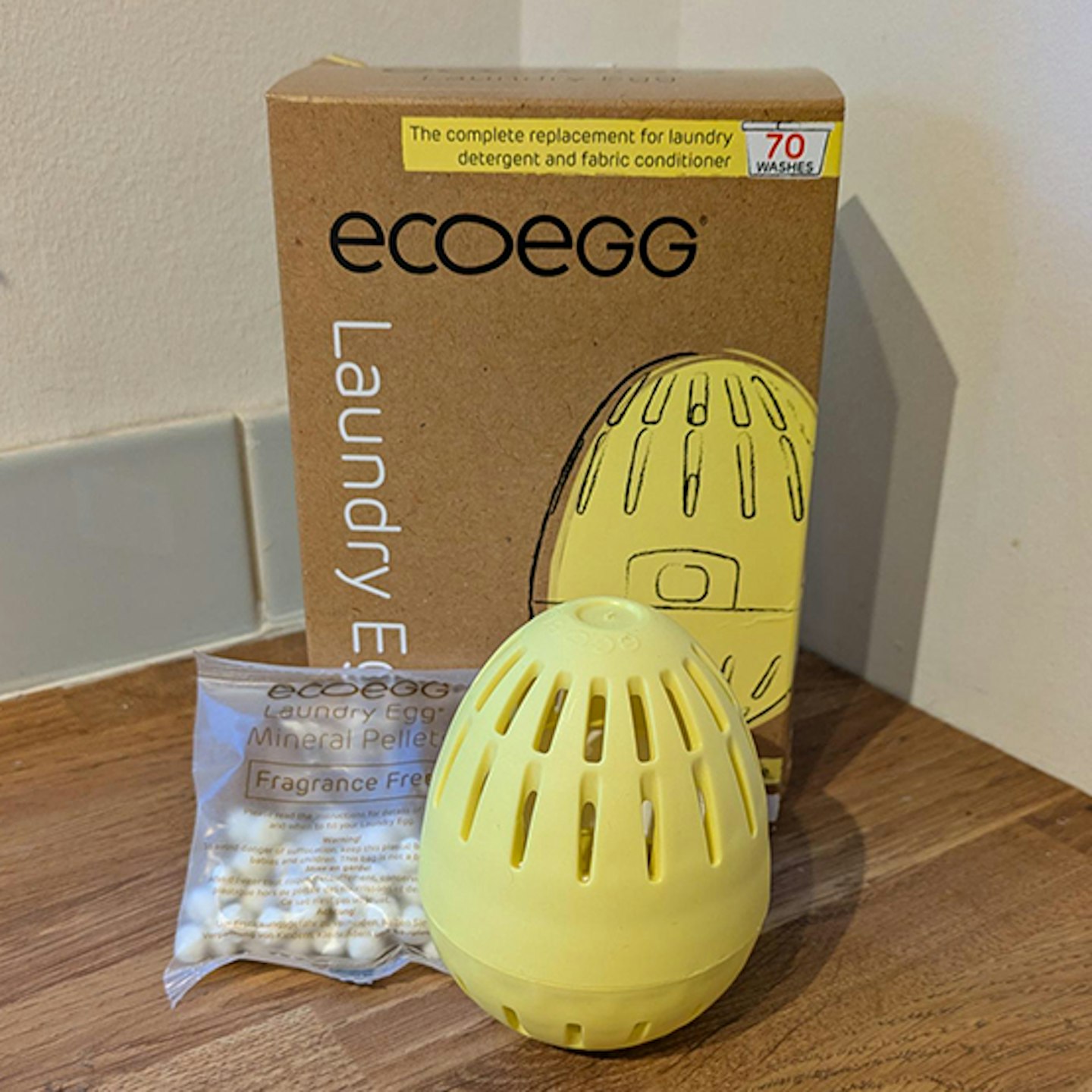 ecoegg laundry egg with a bag of laundry pellet