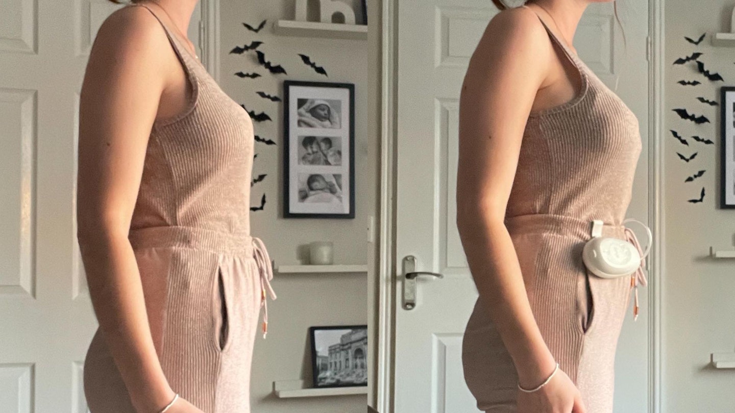 Mother&Baby's Features and Reviews Editor Samantha Ball testing out the Elvie Stride with the before picture on the left showing the outfit without a pump and the picture on the right showing her outfit with the pump.