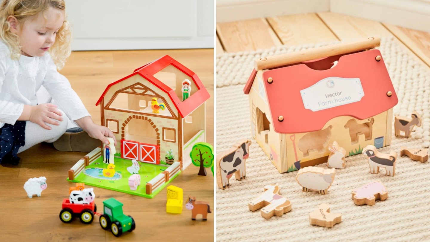 Wooden Farm Animals Montessori Wood Toys for Foddlers Barn Playset