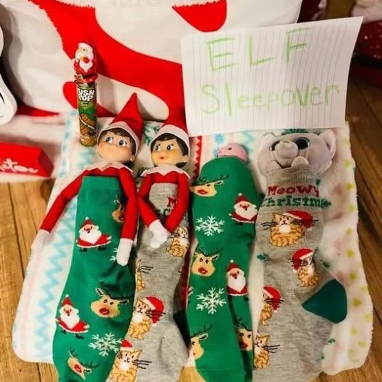 Elves in christmas socks as sleeping bags for an Elf sleepover