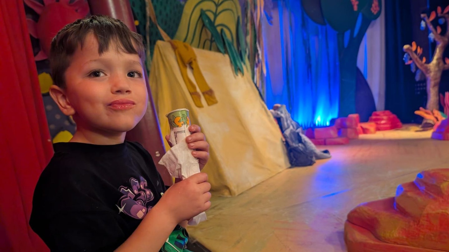 Five-year-old Frank front row watching Elmer Live in Bath
