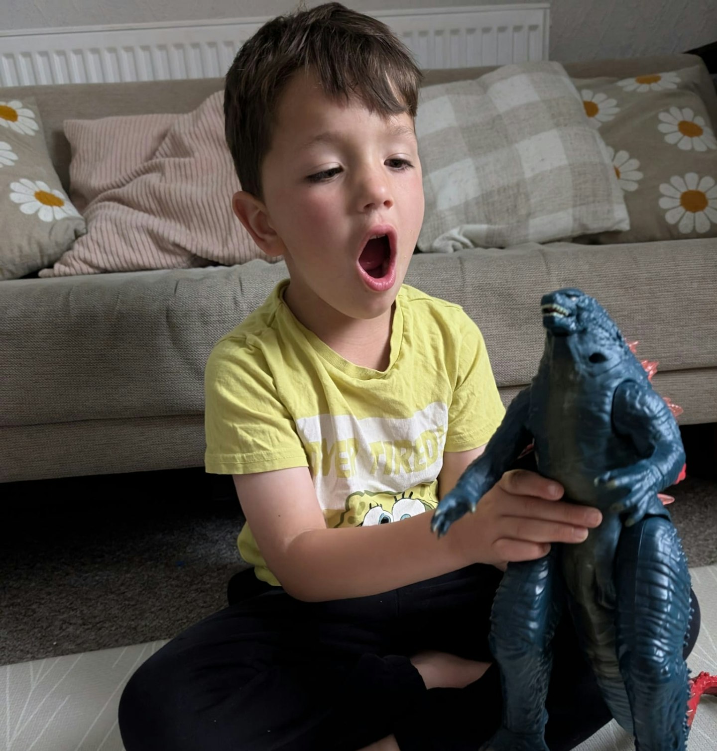5 year old Frank playing with Godzilla x Kong: 11-Inch Giant Godzilla Action Figure Toy