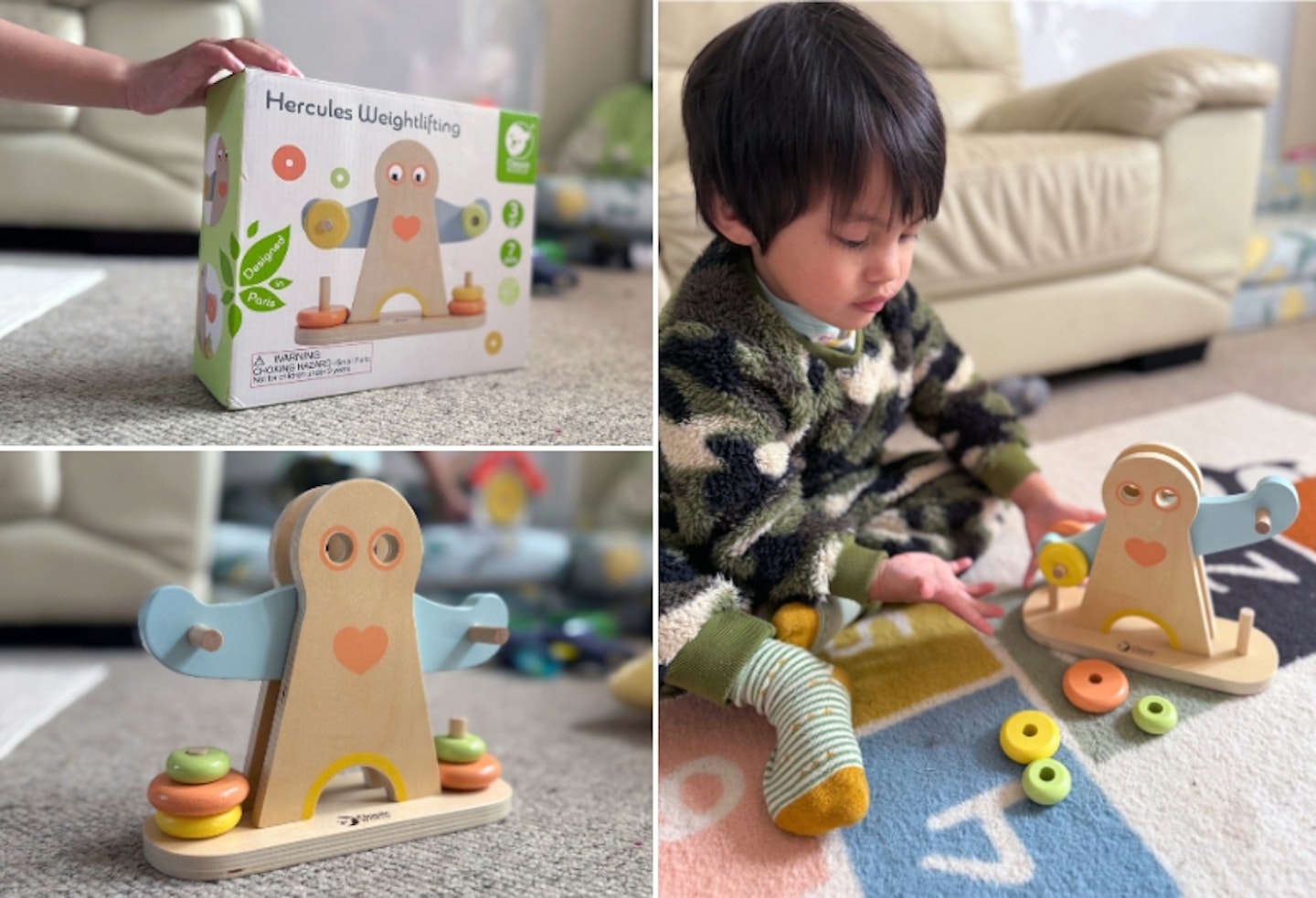 young boy playing with the Hippychick Classic World Hercules Weightlifting toy