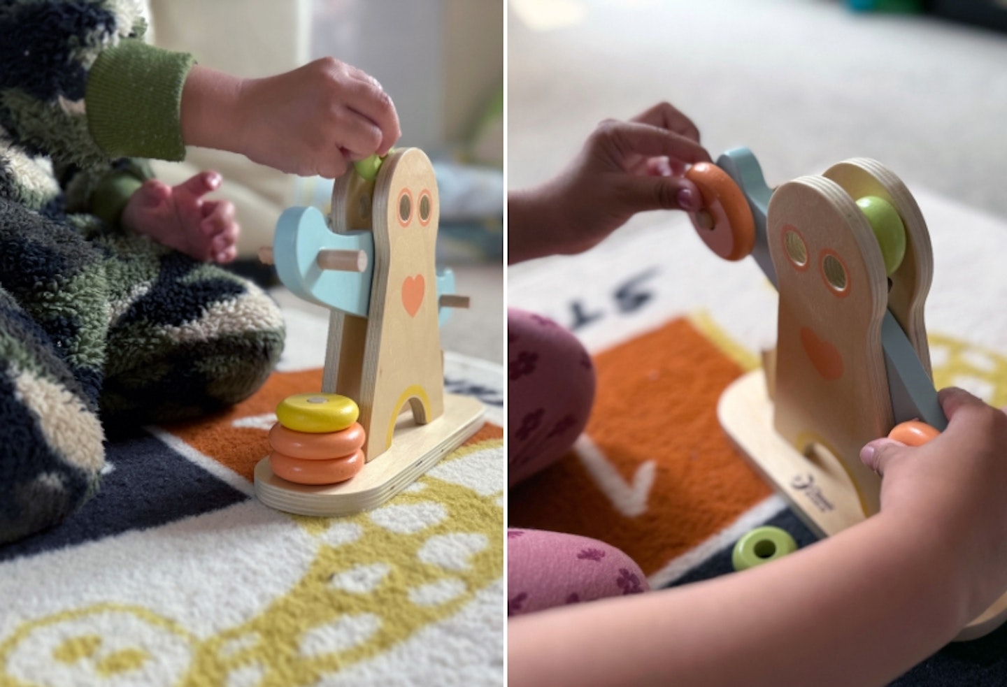 two young children playing with the Hippychick Classic World Hercules Weightlifting toy