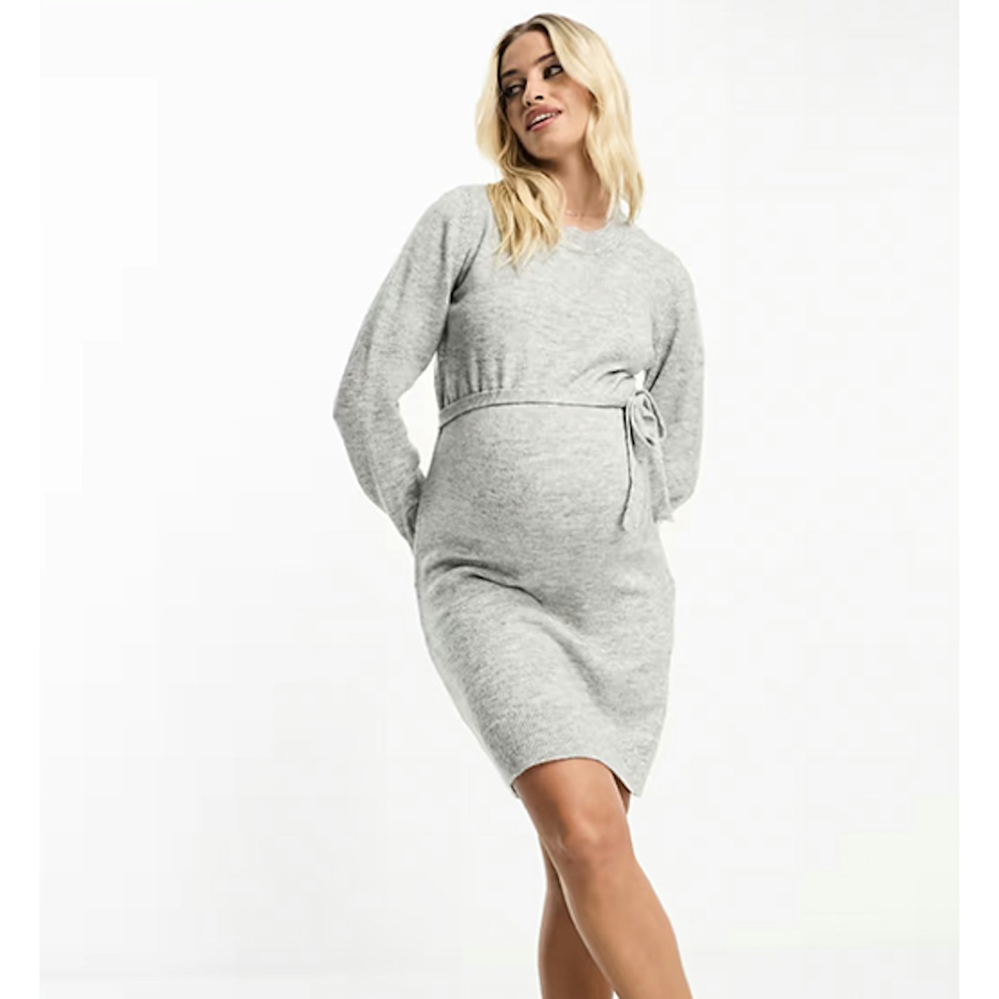 Mamalicious Maternity knitted midi dress with belt in grey