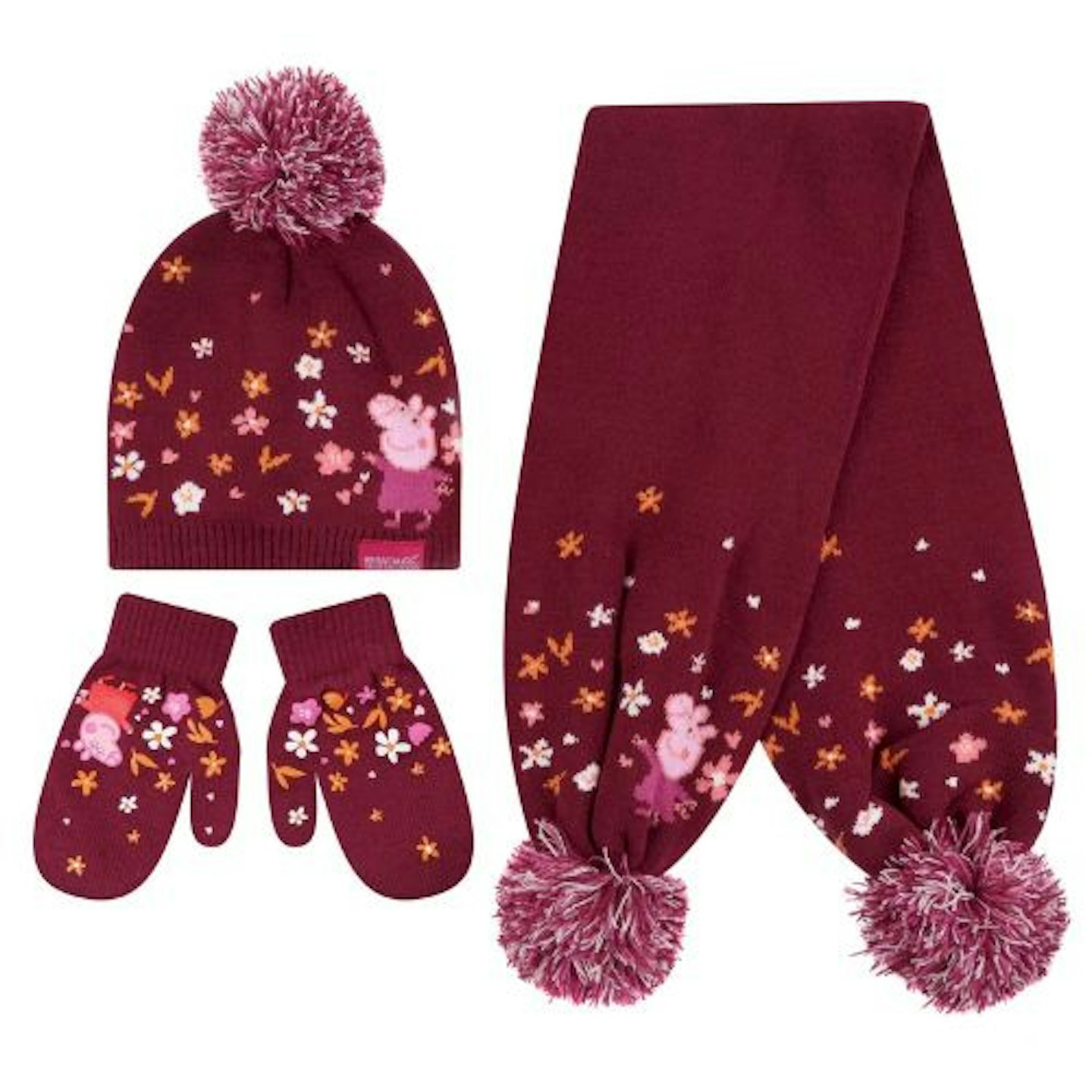 Peppa Pig Knitted Pom Pom Hat Scarf & Glove Set, Berry Pink