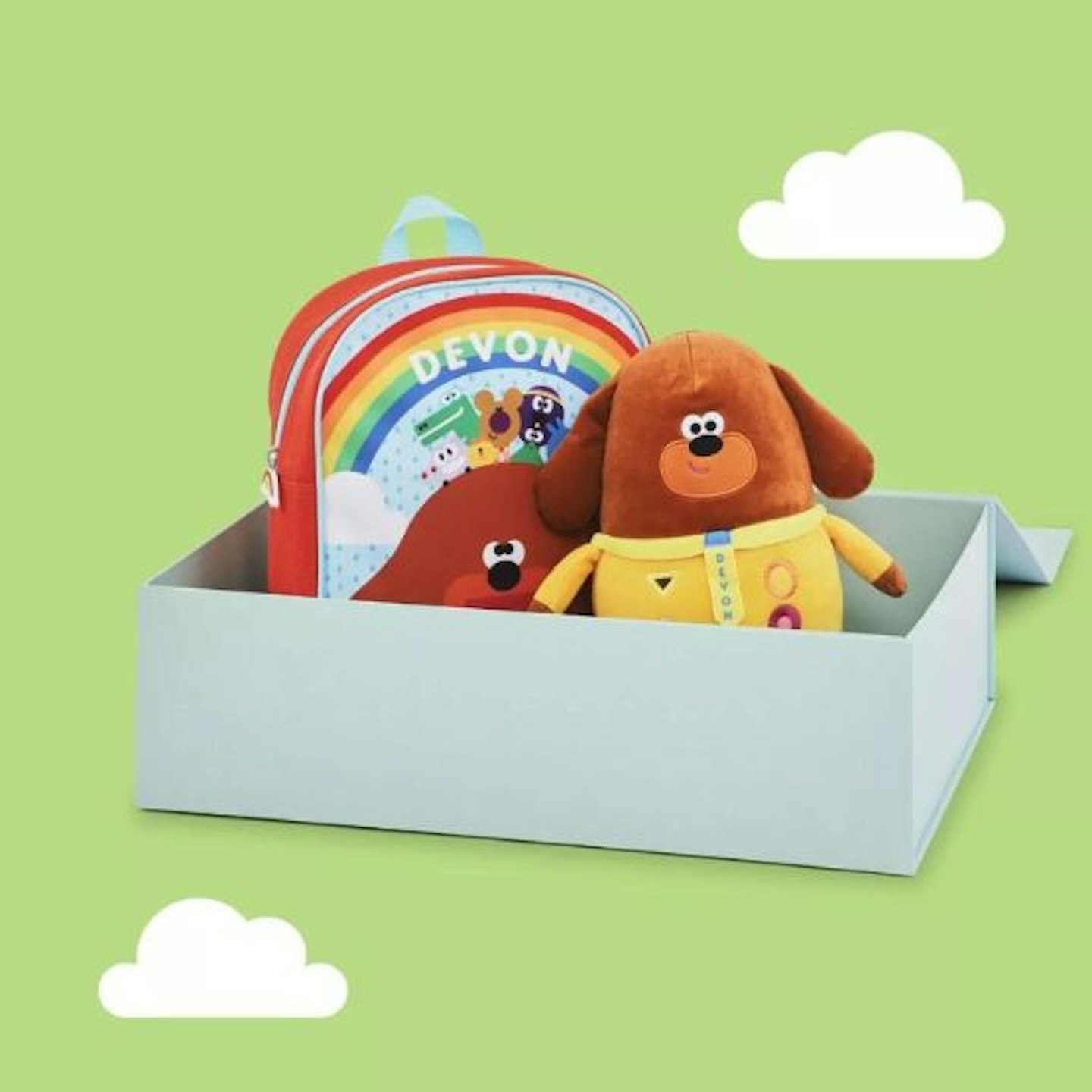 Hey Duggee personalised backpack and hey duggee soft toy in a gift box