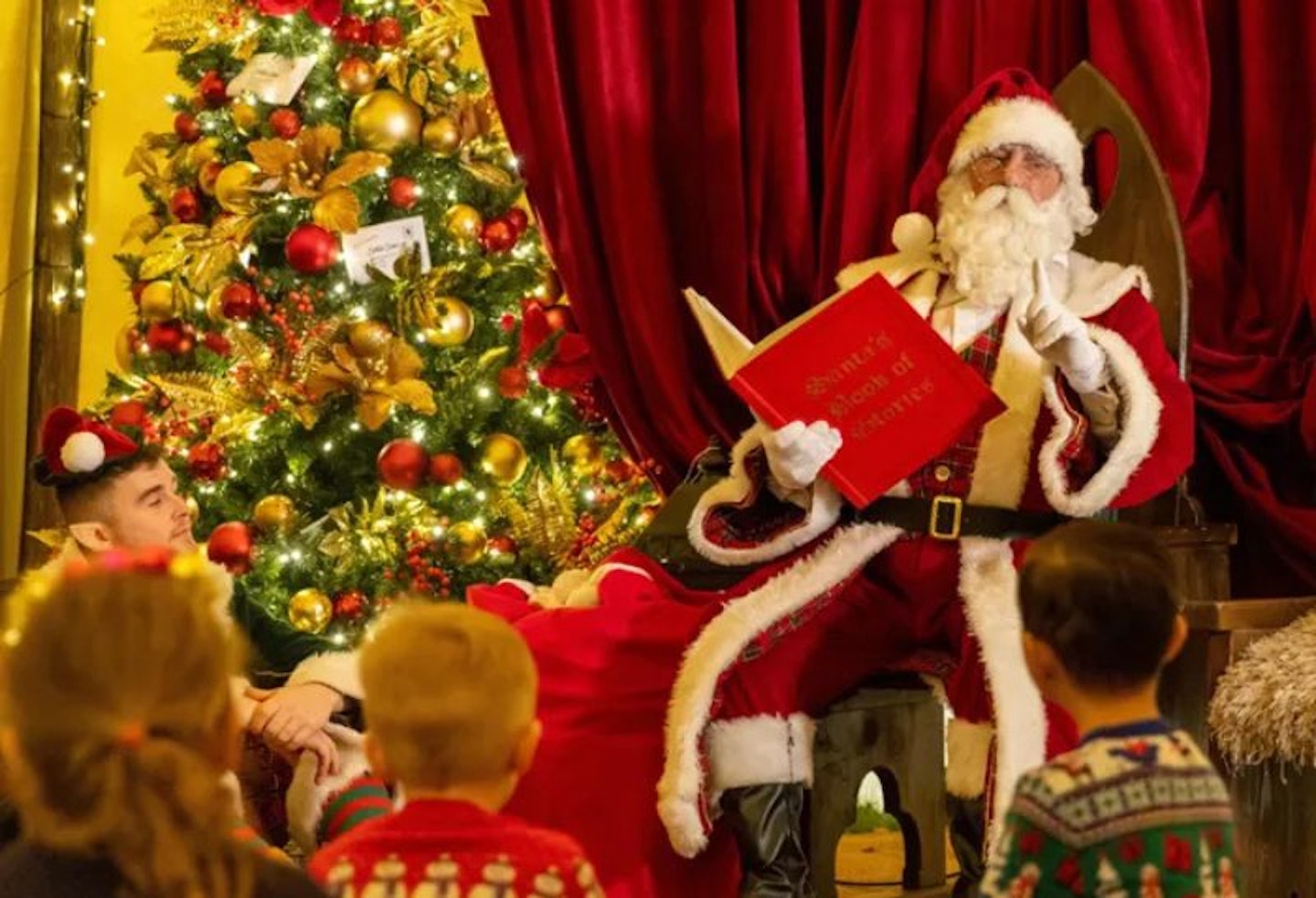 Father Christmas reading a story to children with a Christmas tree to the left