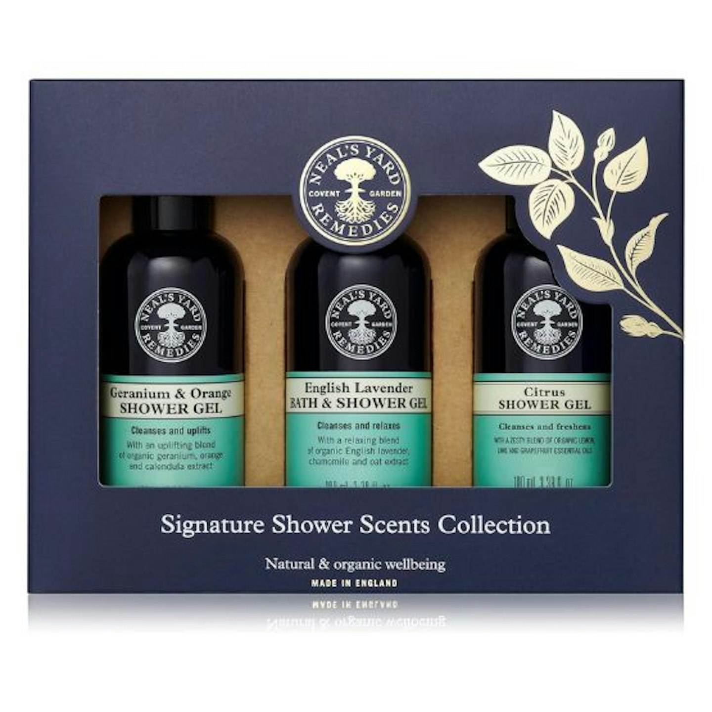 Three Neal's Yard shower gels in a gift box