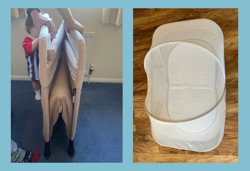 Two travel cots being tested - one being folded and the other unfolded