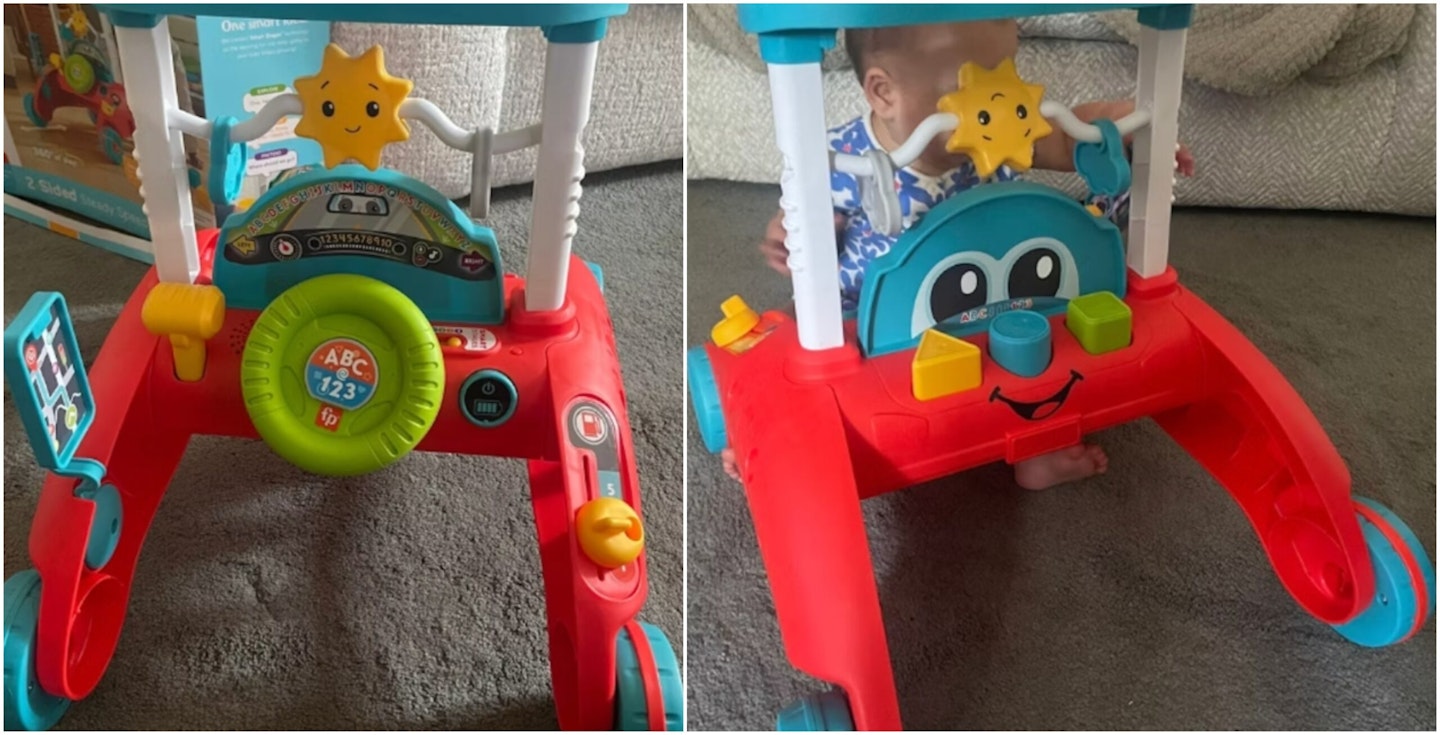 Baby testing out a 2-sided steady walker at home