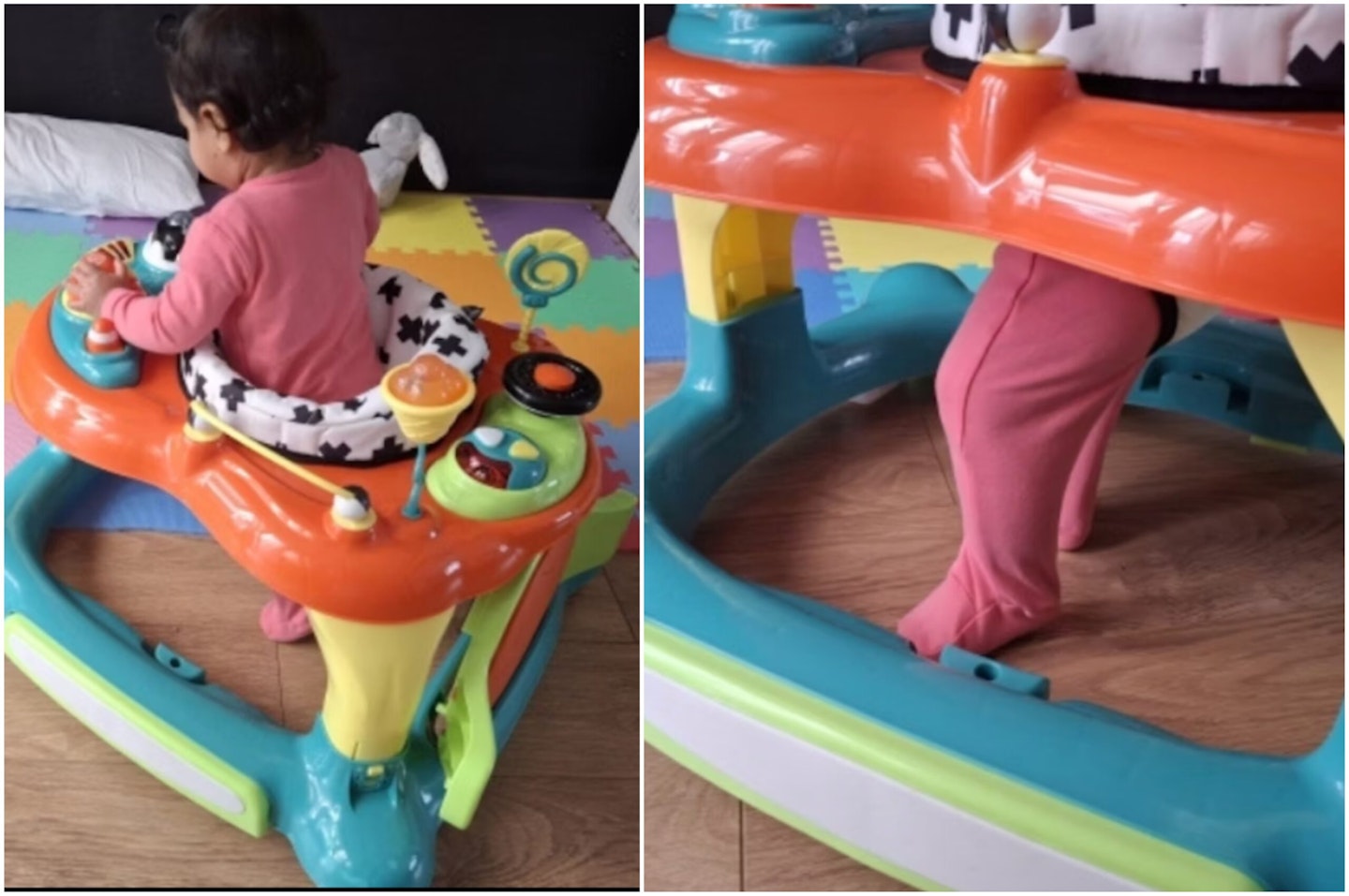 a baby sitting in a walker walking onhard wood floors