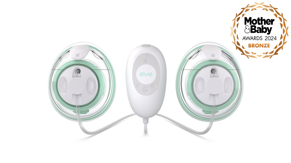 Elvie Stride breast pump review with rosette of Mother and Baby award logo featured