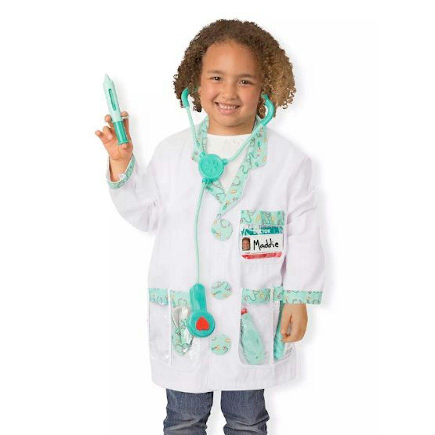 A child wearing the Melissa and Doug doctors role play set