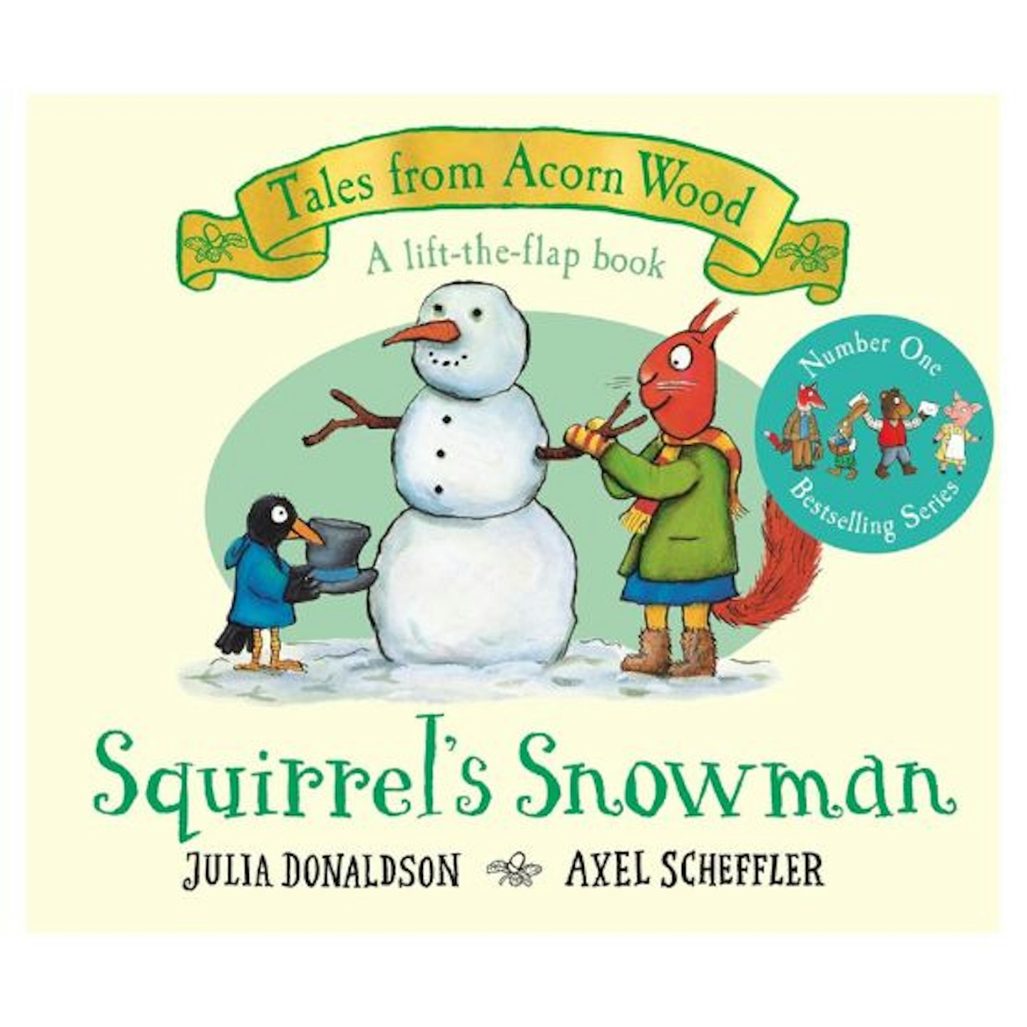 The cover of Squirrel's Snowman showing a snowman being built by Squirrel and a bird