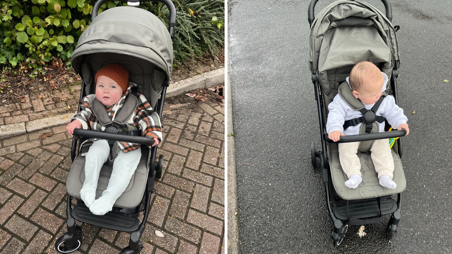 A collage of a baby teesting the Hauck Travel N Care Stroller outside.