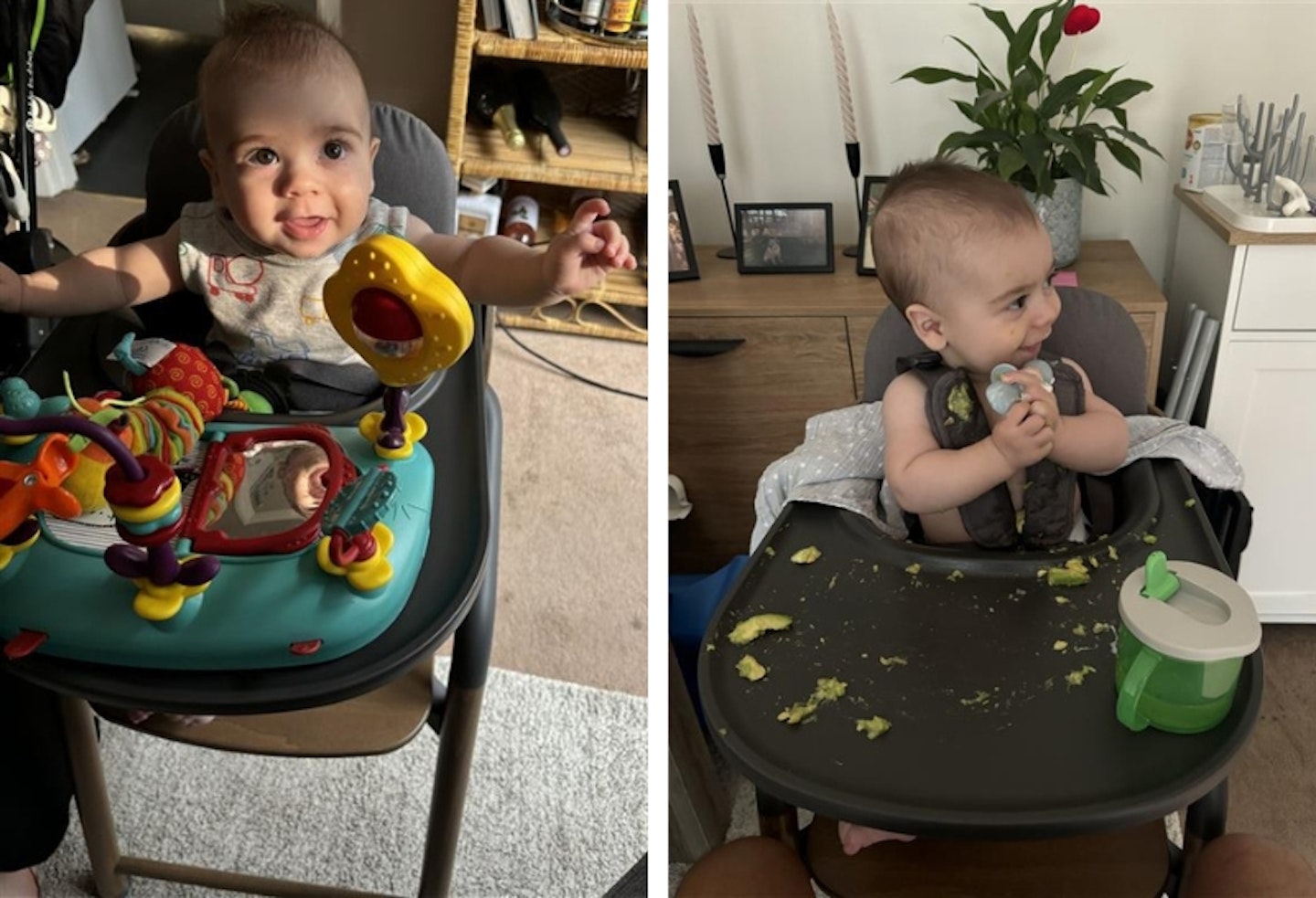 two photos of the same baby in the Bugaboo Giraffe high chair, one with a toy on the tray and the other with food on the tray
