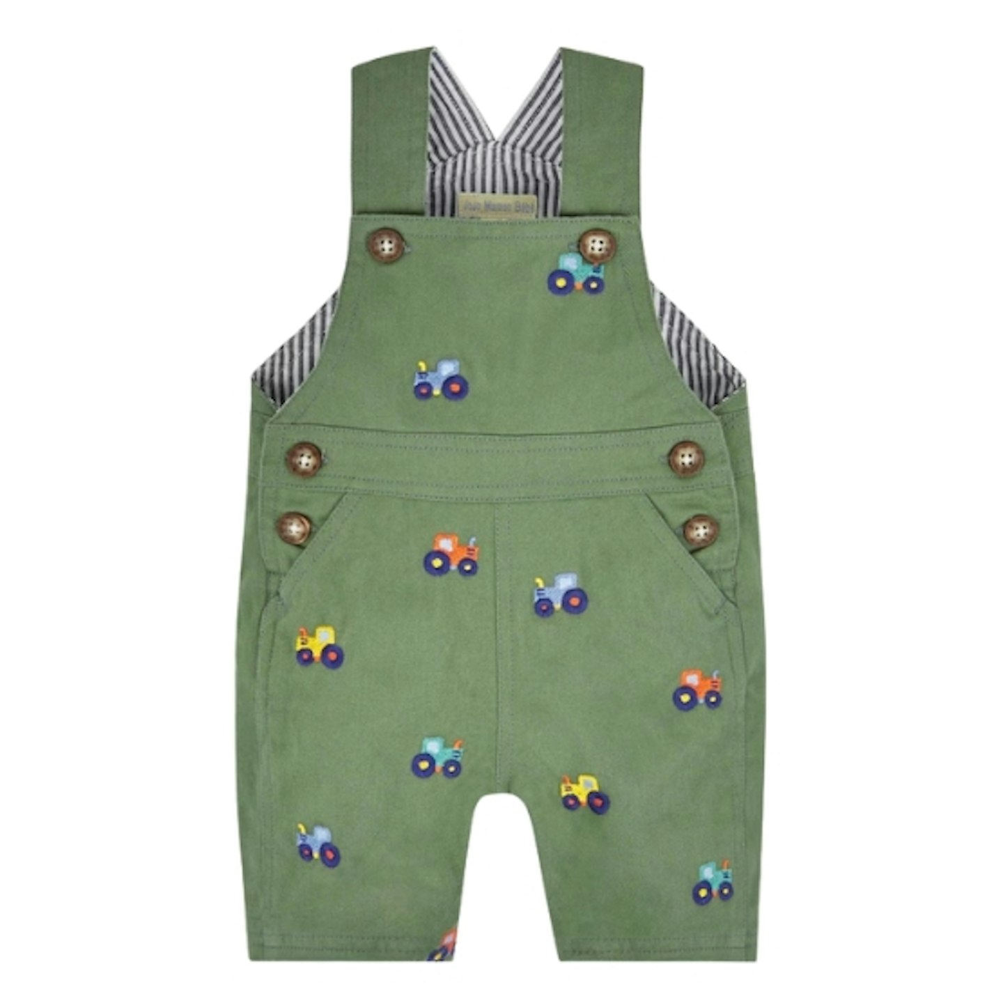 Khaki Tractor Embroidered Short Dungarees