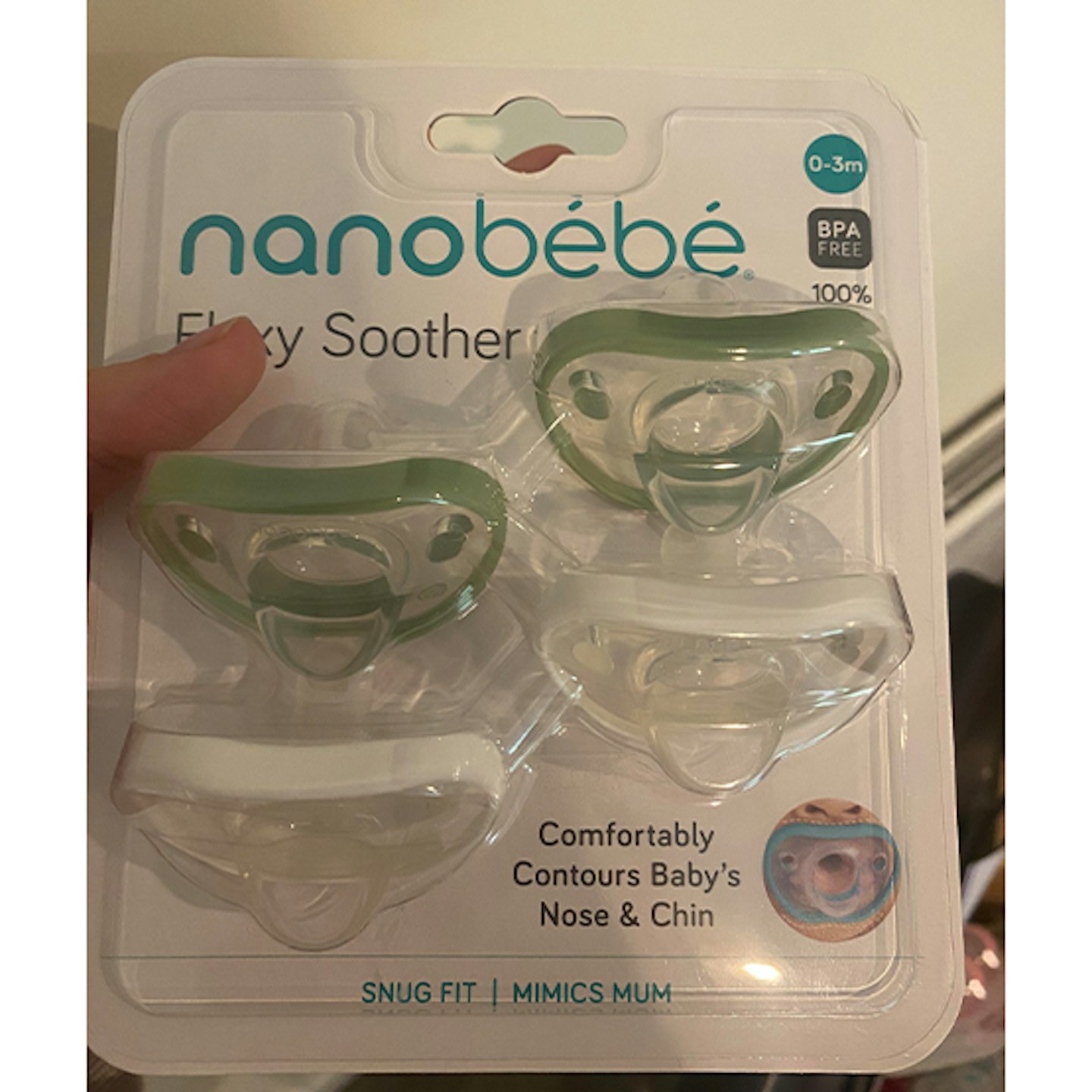 Nanobebe flexy soother in green and white in packaging 