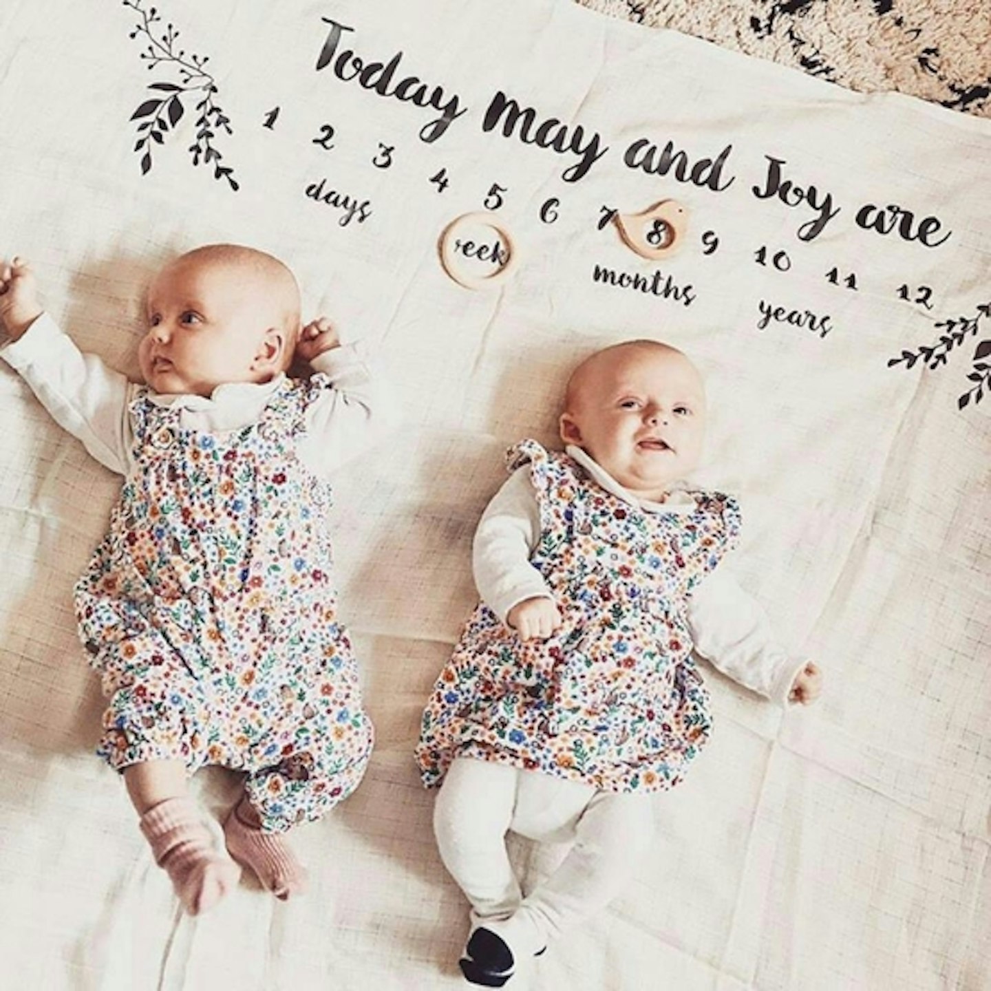 Personalised Botanical Twin Baby Milestone Blanket