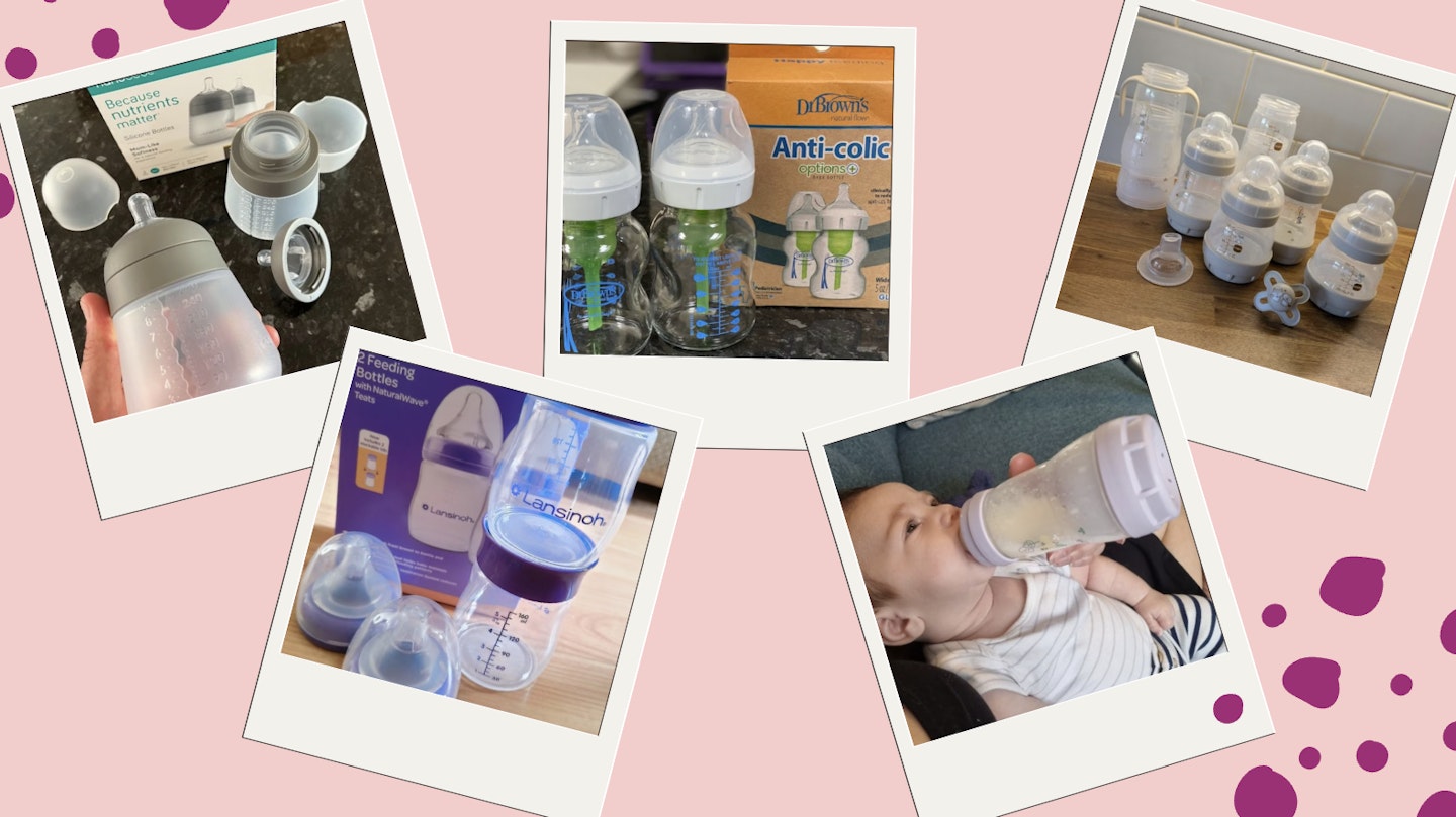 A variety if baby bottles being tested my tots and mums pictures appear on polaroids on pink background