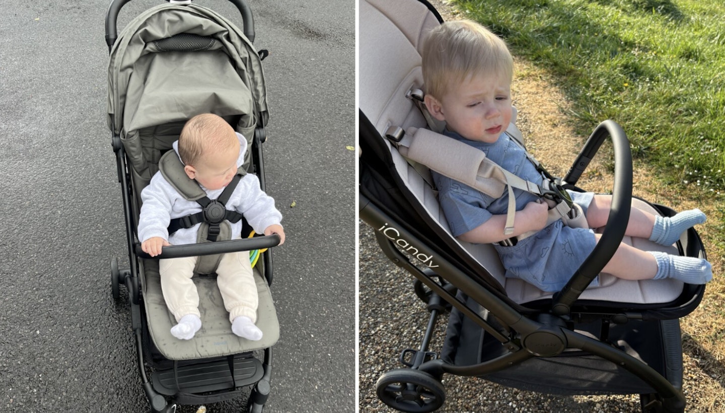 Two images side by side showing a baby in two different travel strollers