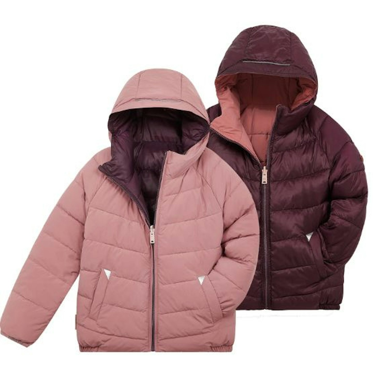 Toastie Ecoreversible puffer coat in Damask Pink and Black Cherry