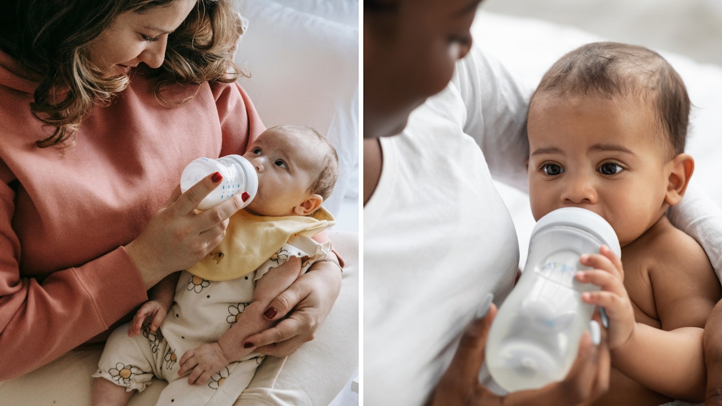 A collage of two mothers feeding their babies with baby bottles