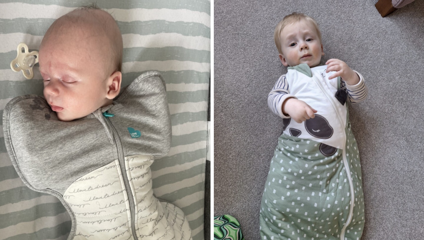 A collage of two images with the one on the left showing a newborn sleeping in a baby sleeping bag and on the right an older baby trying out another sleeping bag